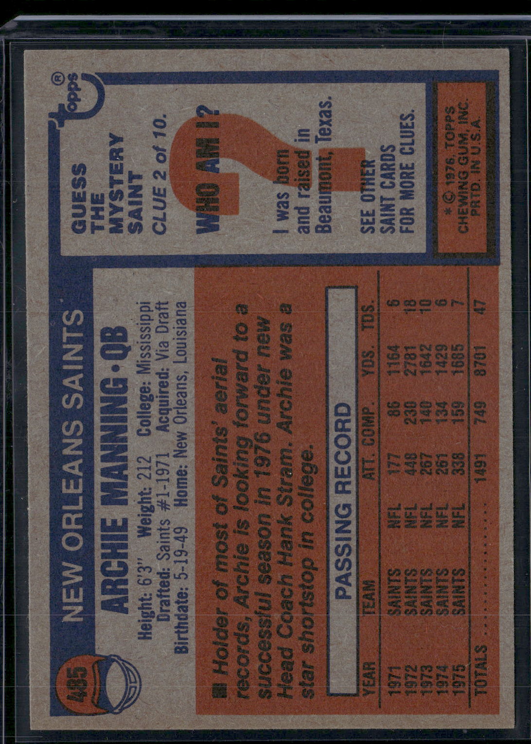 1976 Topps ARCHIE MANNING #485 (EX)