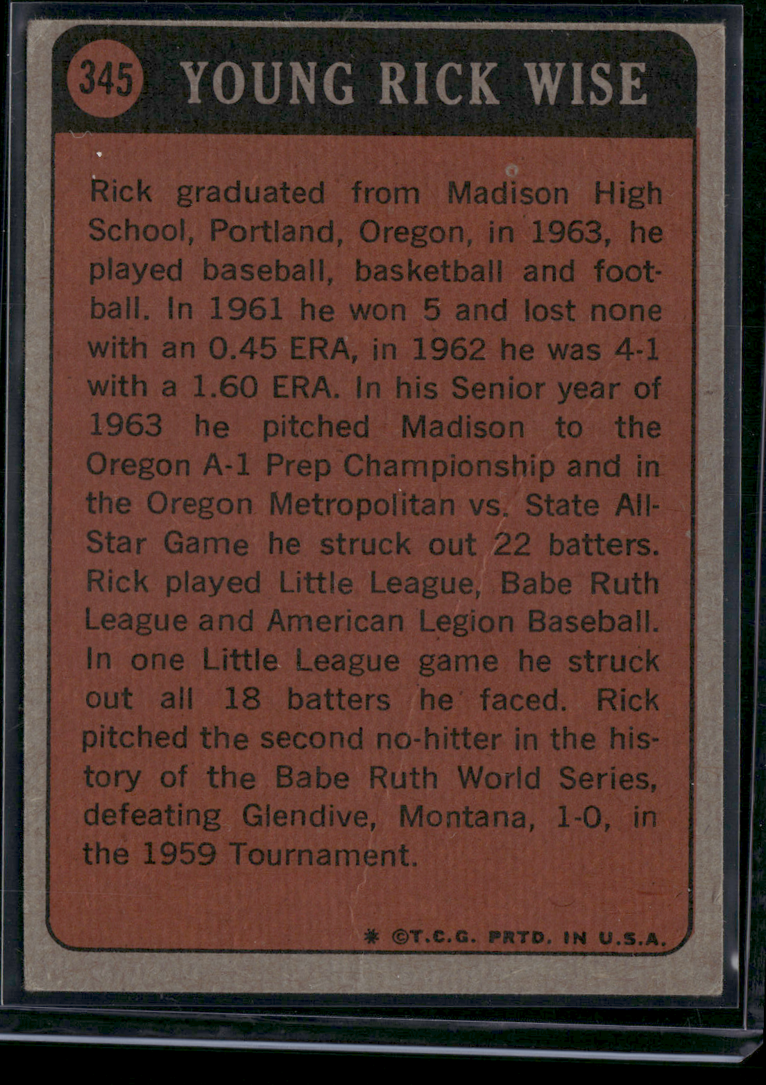 1972 Topps RICK WISE #345 Boyhood Photos Of The Stars (Good - Crease)