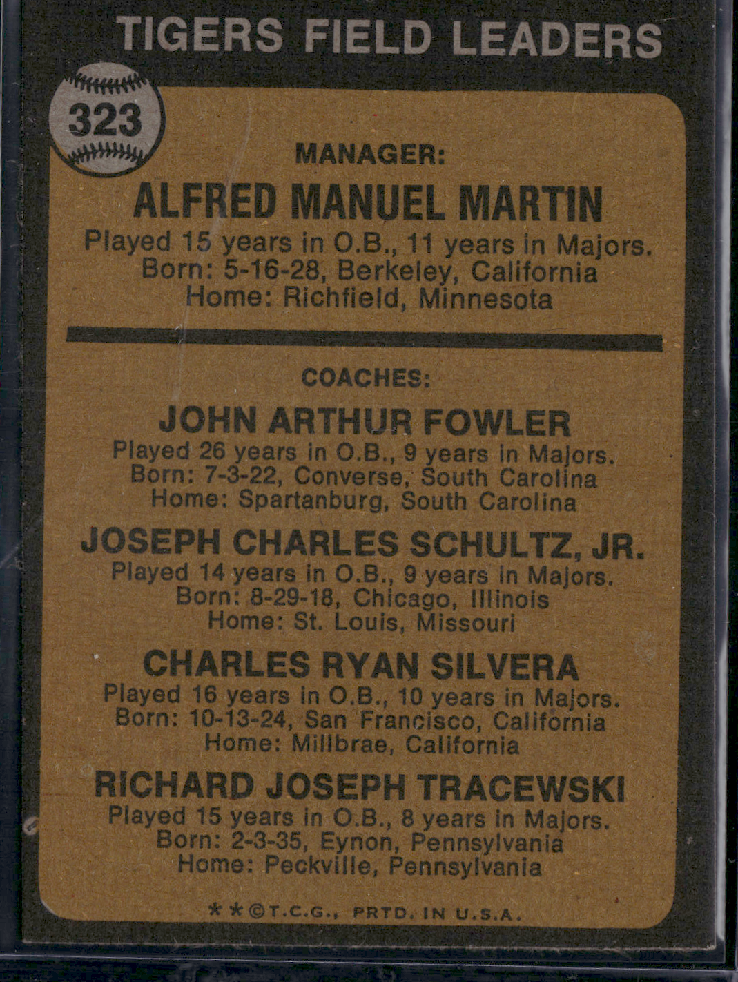 1973 Topps BILLY MARTIN #323 (EX-EX/MT)