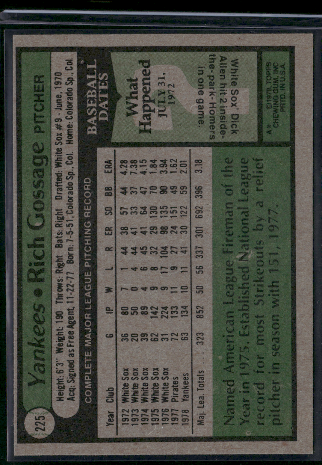 1979 Topps RICH GOSSAGE #225 (EX)
