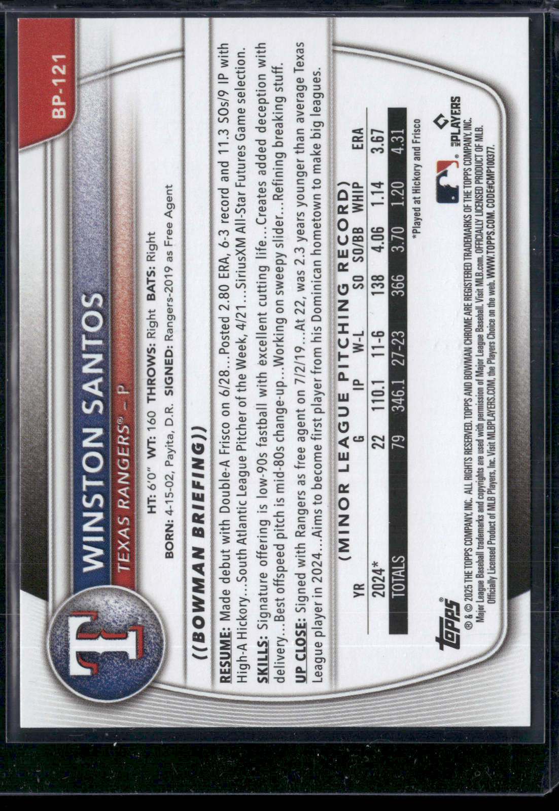 2025 Bowman WINSTON SANTOS #BP-121 1st Bowman