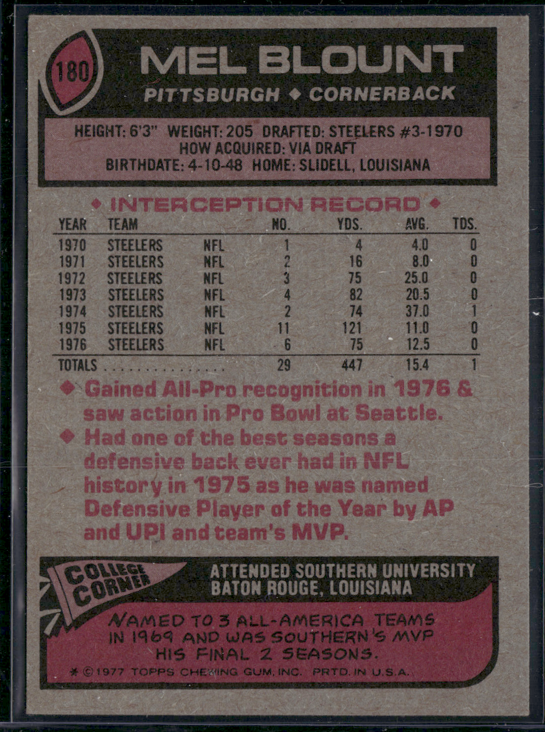 1977 Topps MEL BLOUNT #180 (EX)