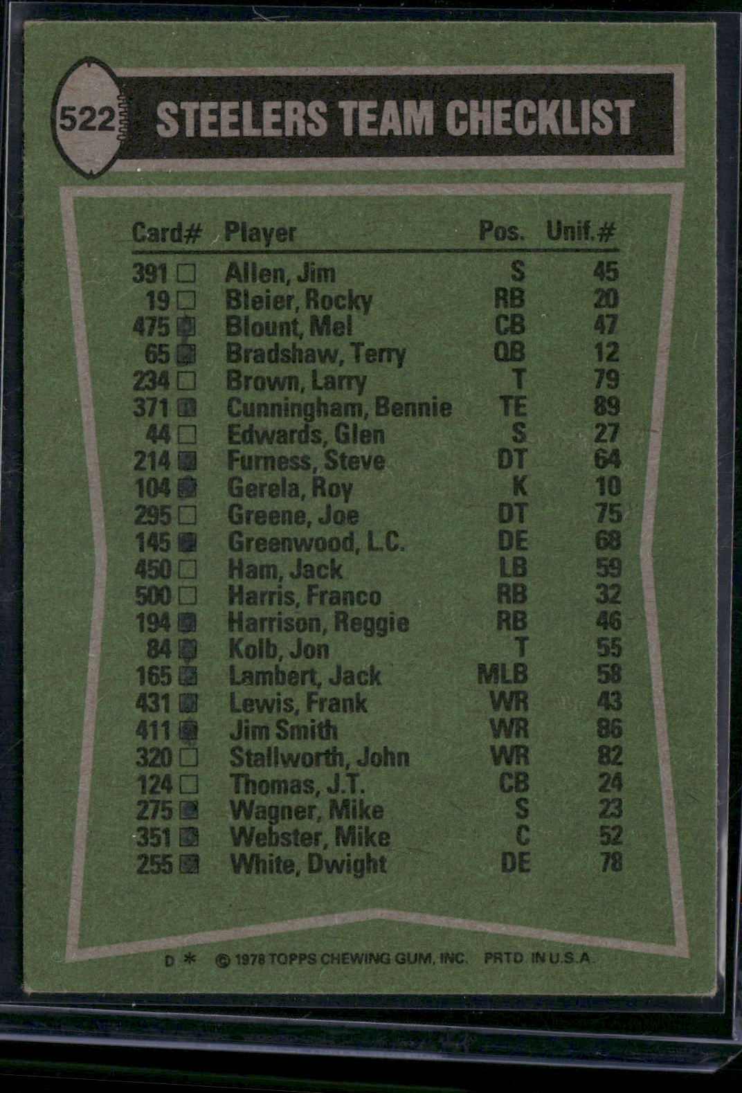 1978 Topps STEELERS TEAM LEADERS - FRANCO HARRIS #522 (EX-EX/MT)