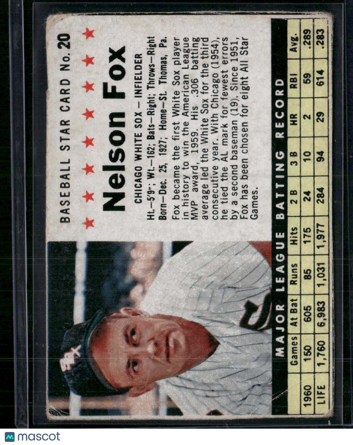 1961 Cereal Box NELLIE FOX #20 Hand Cut Wrinkles Corner Crease (Good)
