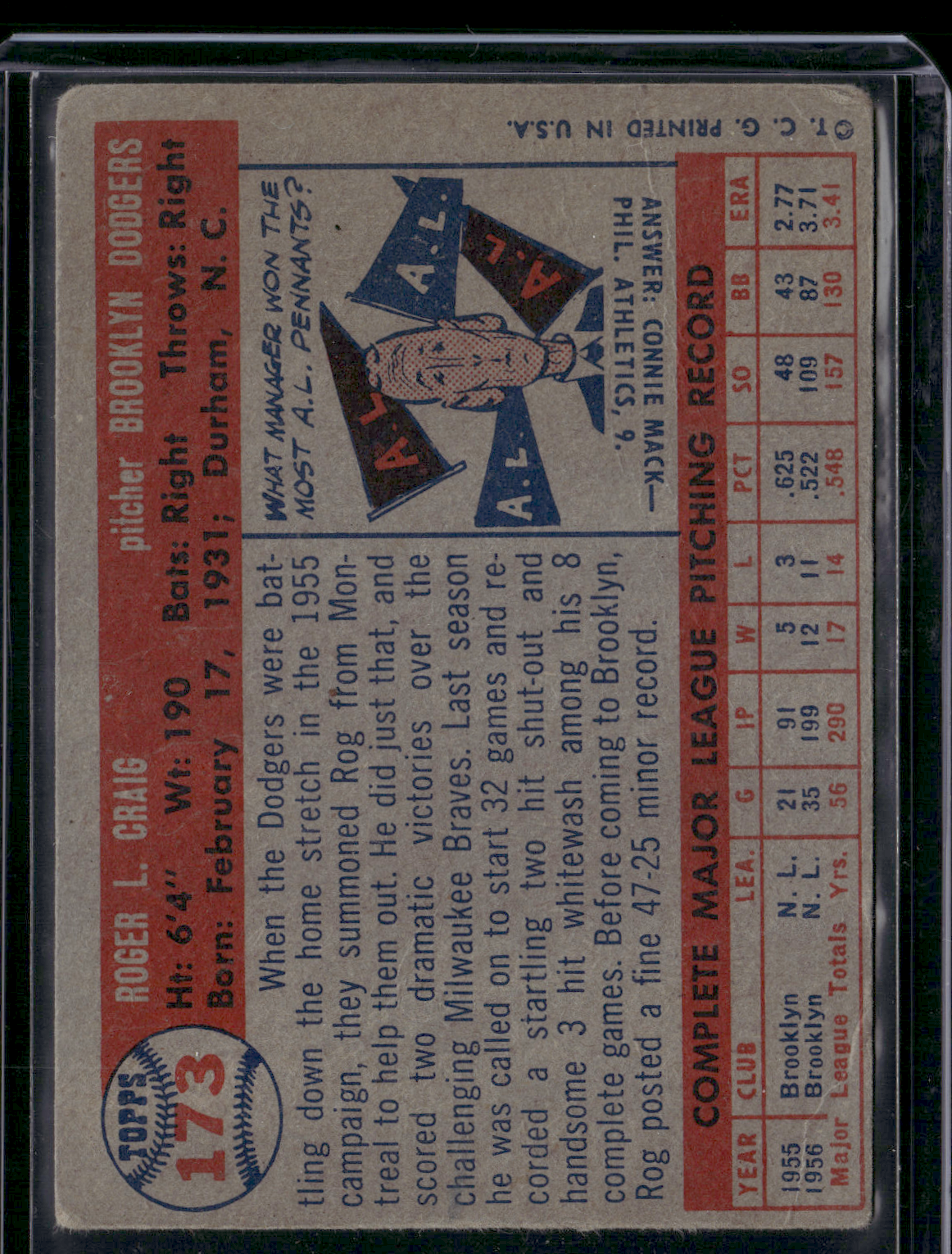 1957 Topps ROGER CRAIG #173