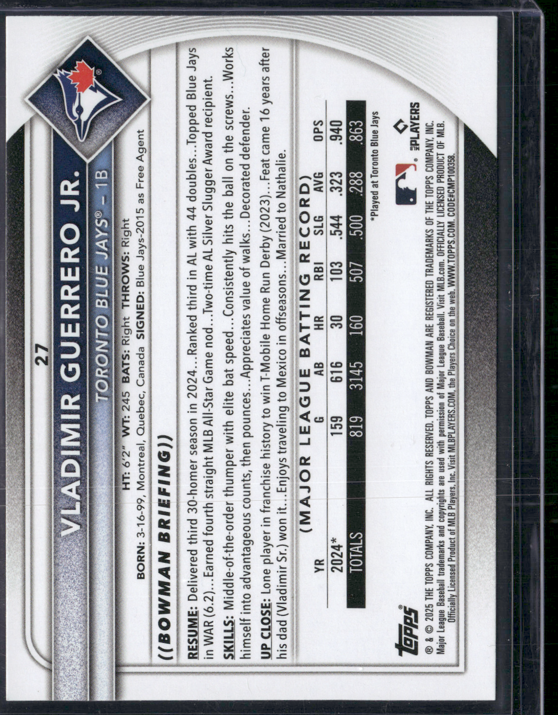 2025 Bowman VLADIMIR GUERRERO JR #27