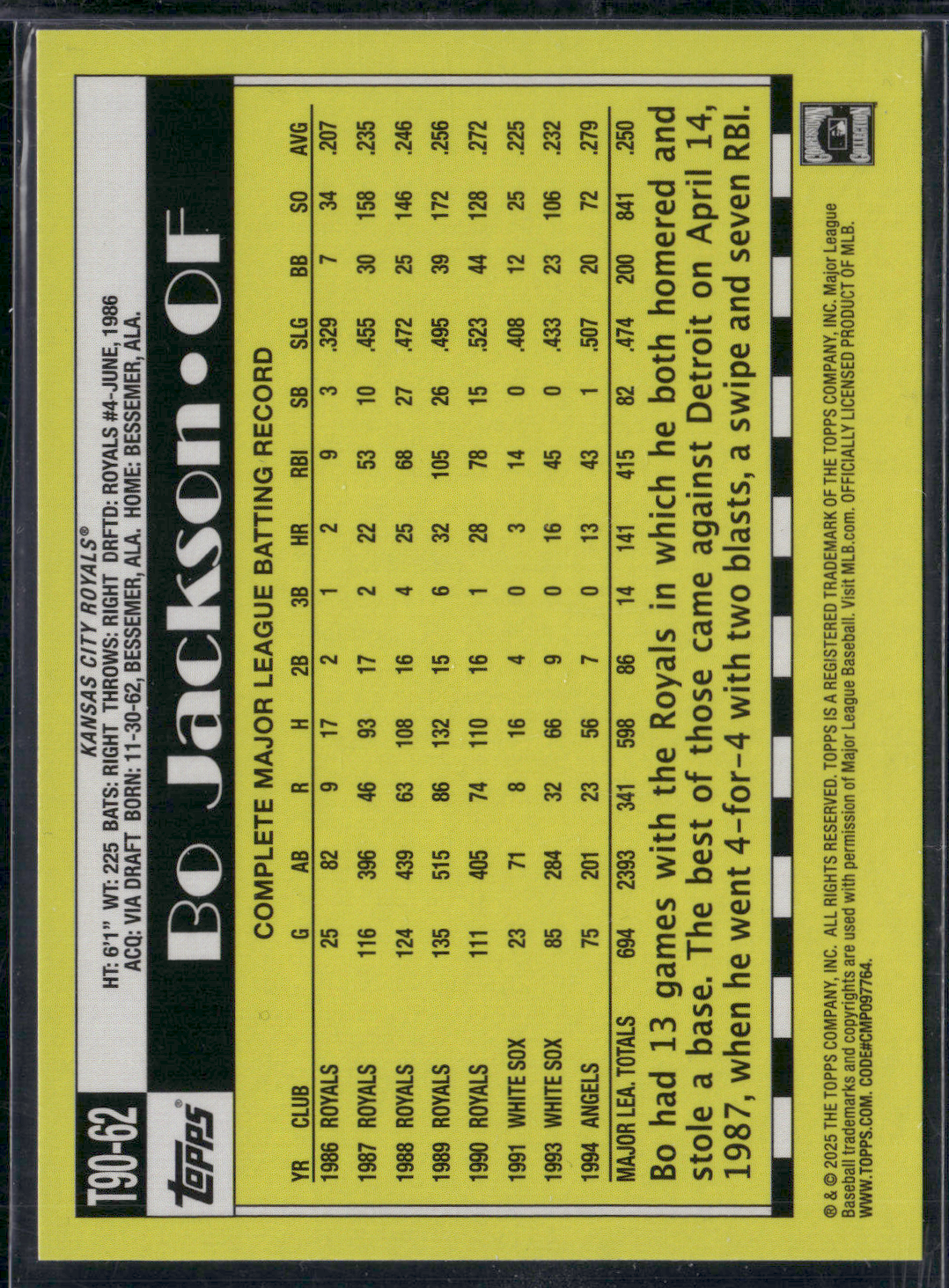 2025 Topps Series 1 Bo Jackson #T90-62 1990 Insert