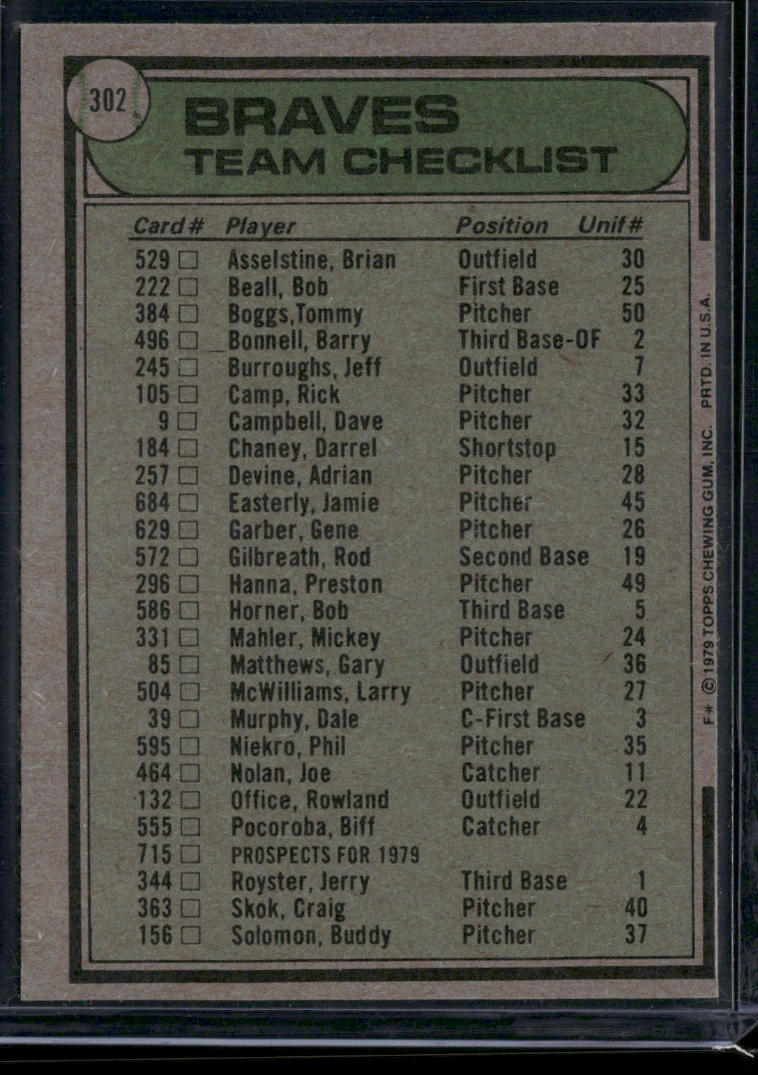 1979 Topps ATLANTA BRAVES #302 (EX-EX/MT)