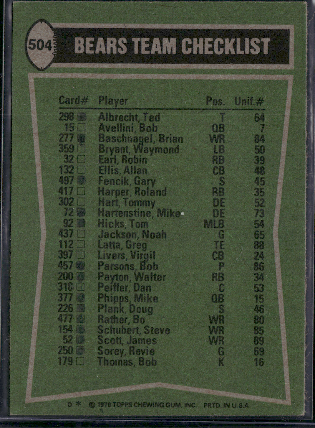 1978 Topps BEARS TEAM LEADERS - WALTER PAYTON #504 Ink filled (EX)