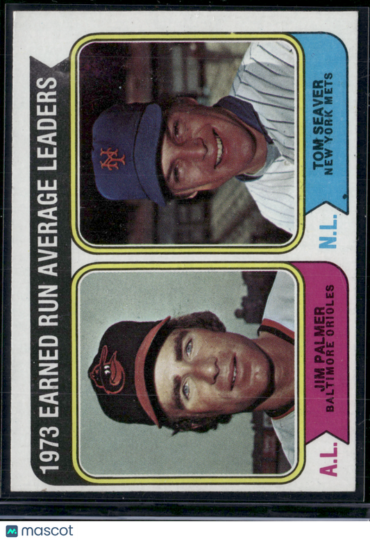 1974 Topps TOM SEAVER/JIM PALMER #206 1973 ERA Leaders Grain Raise (EX)