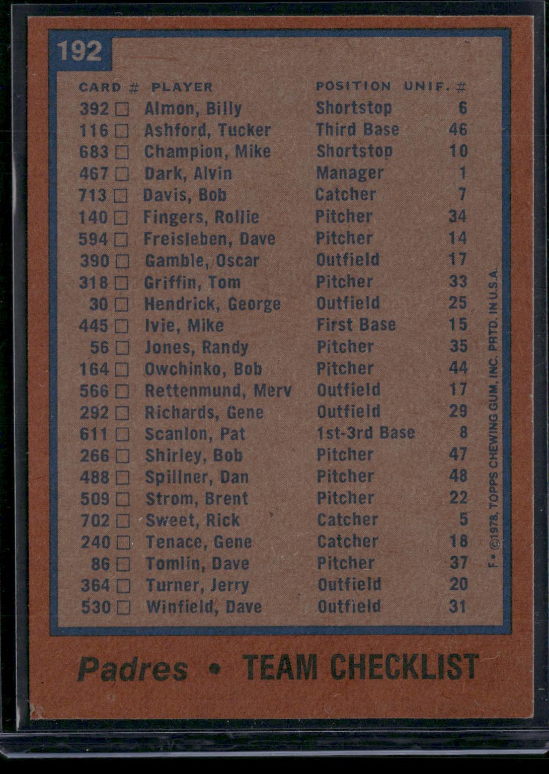 1978 Topps SAN DIEGO PADRES #192 (EX)