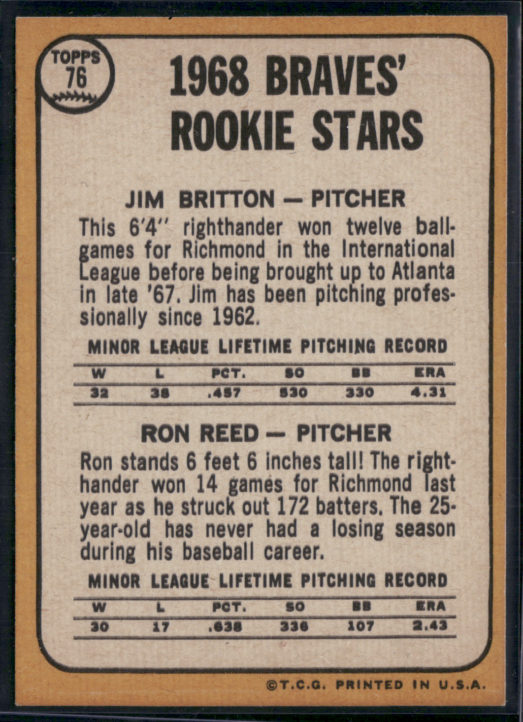 1968 Topps JIM BRITTON/RON REED #76 1968 Braves Rookie Stars (EX/MT-NM)
