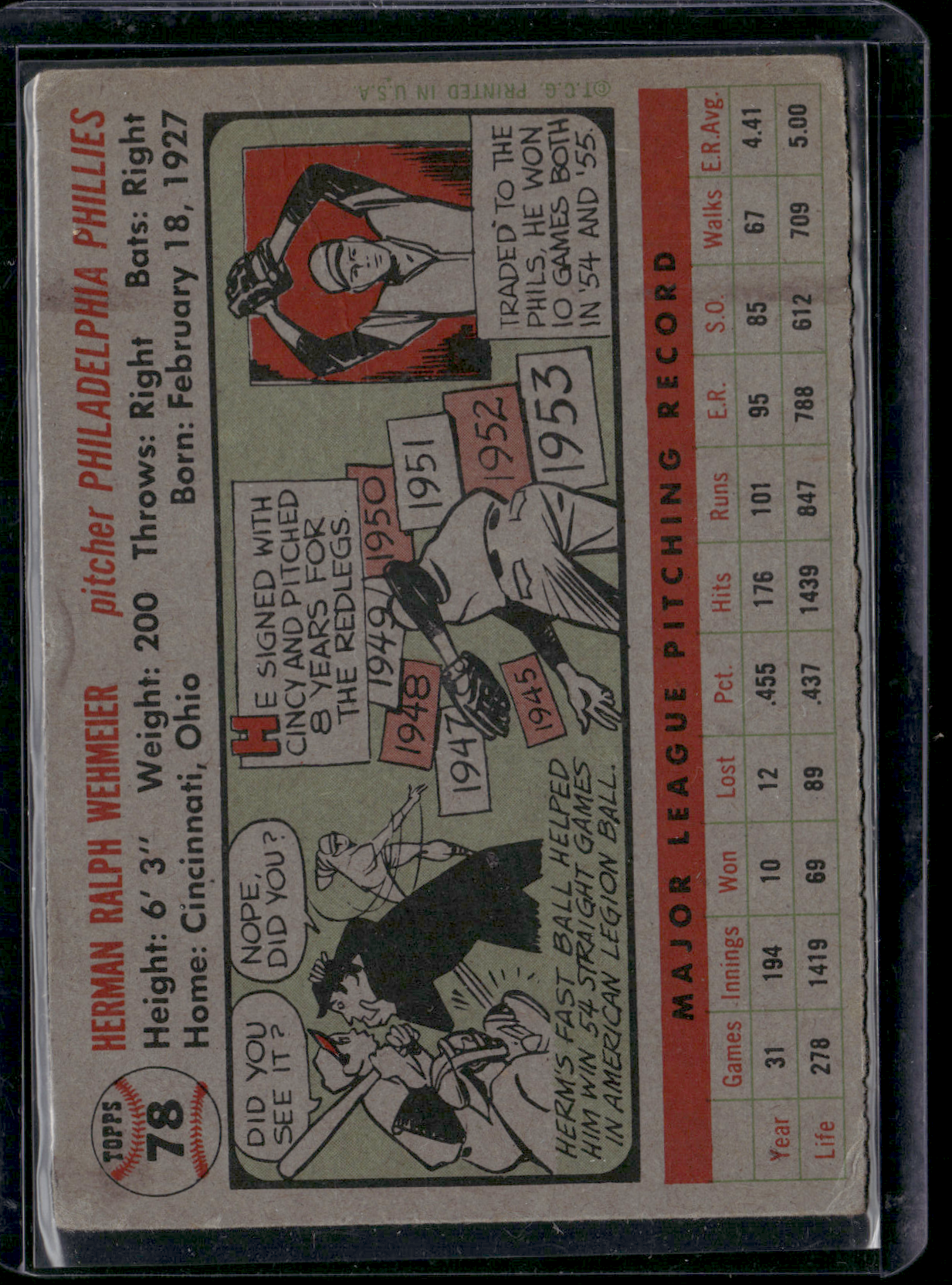 1956 Topps HERMAN WEHMEIER #78 Light Wrinkles