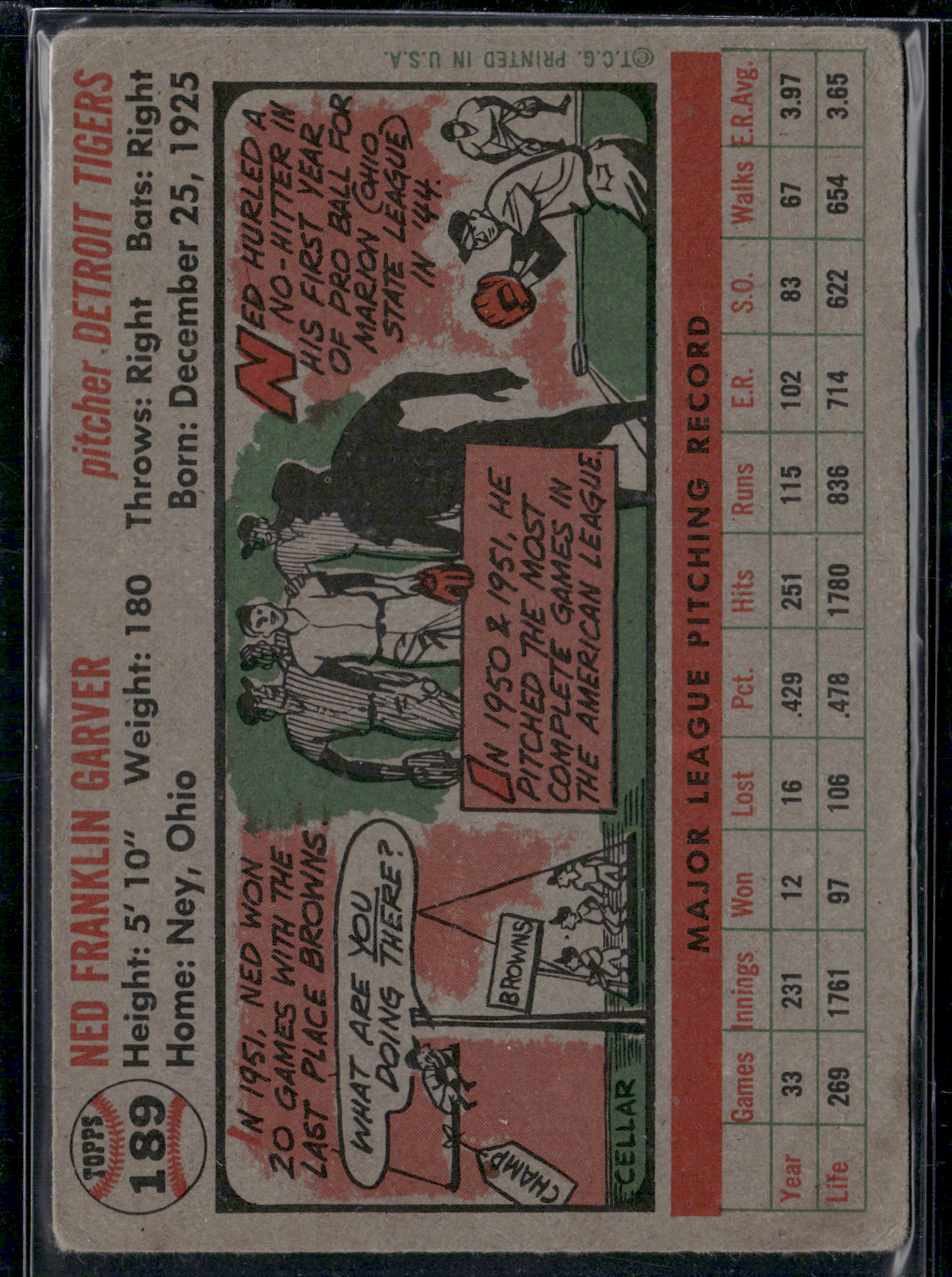 1956 Topps NED GARVER #189 Light Wrinkles