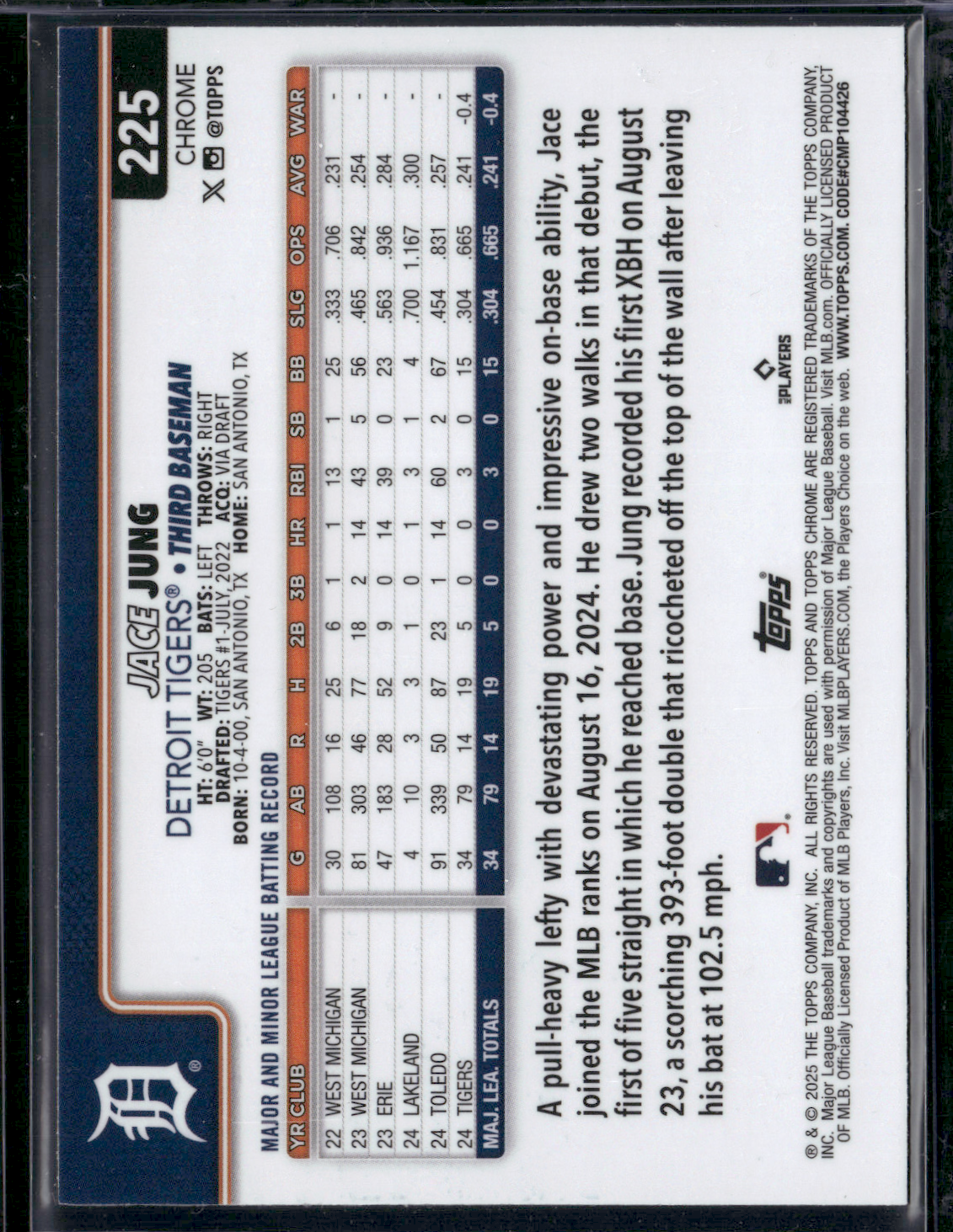 2025 Topps Chrome JACE JUNG #225 Rookie RC