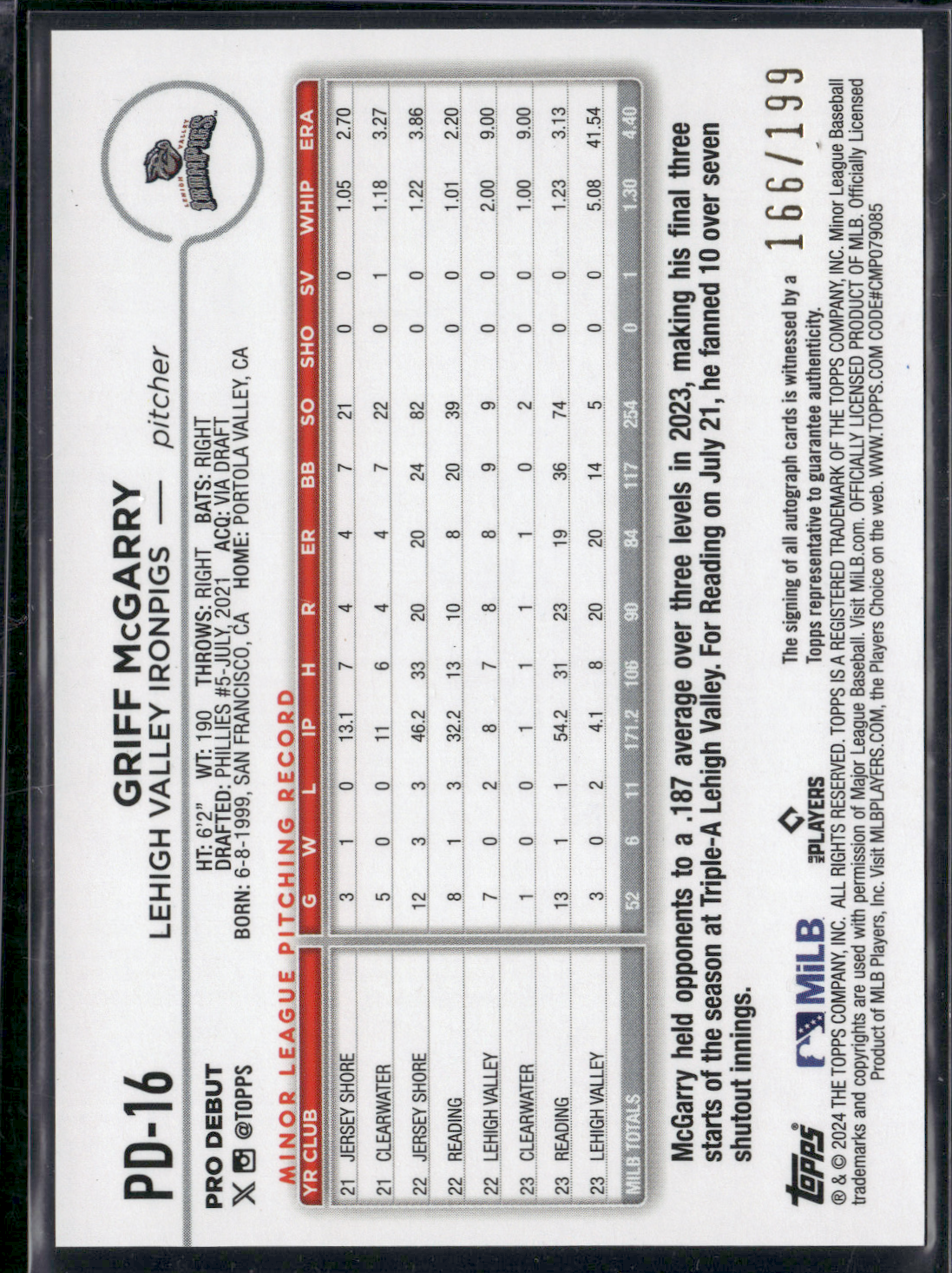 2024 Pro Debut GRIFF MCGARRY #PD-16 Speckle Refractor Auto 166/199 (NM)