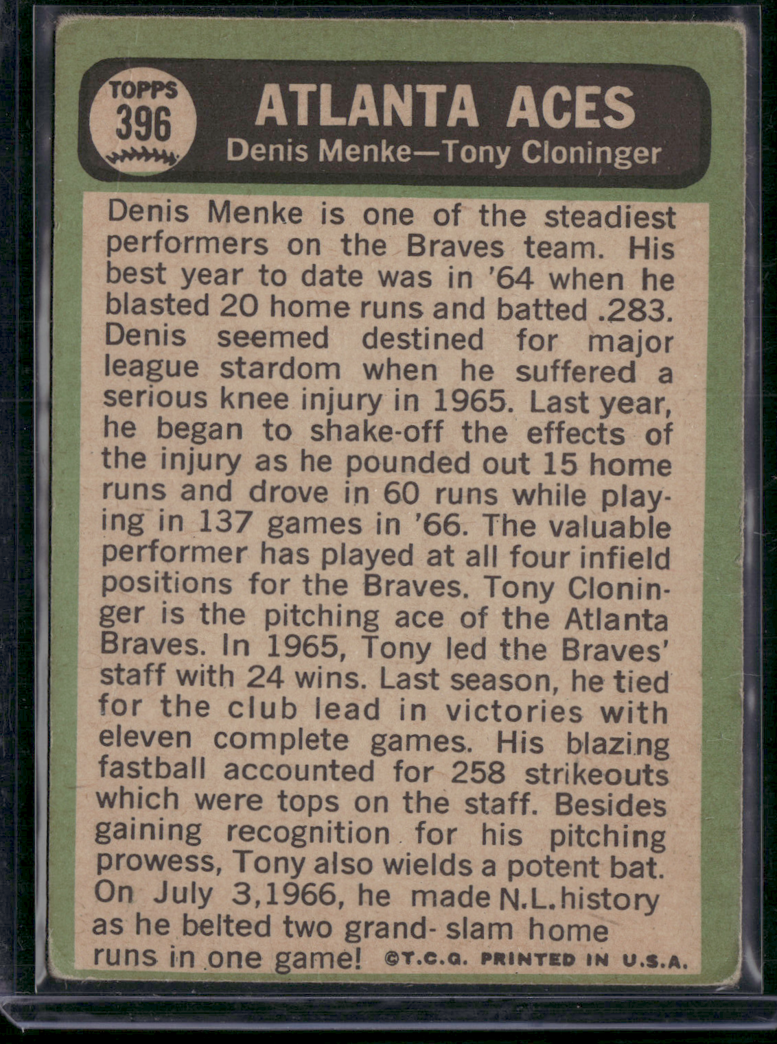 1967 Topps TONY CLONINGER/DENIS MENKE #396 Atlanta Aces Light Wrinkles (VG)