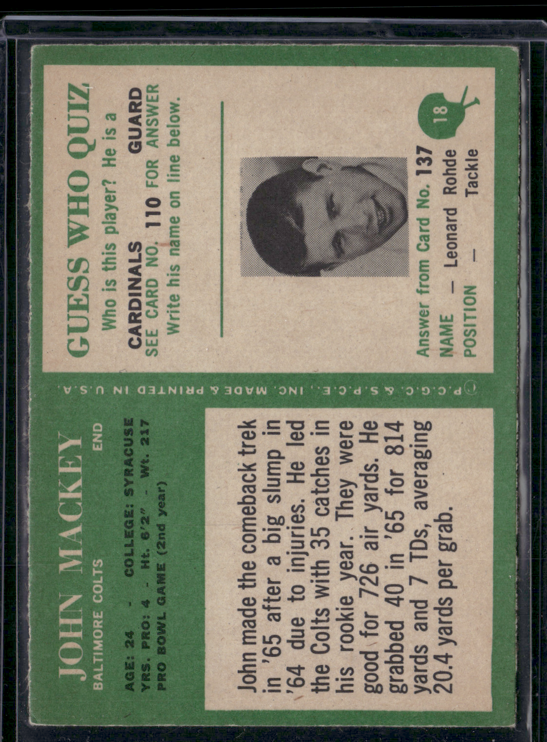 1966 Philadelphia JOHN MACKEY #18