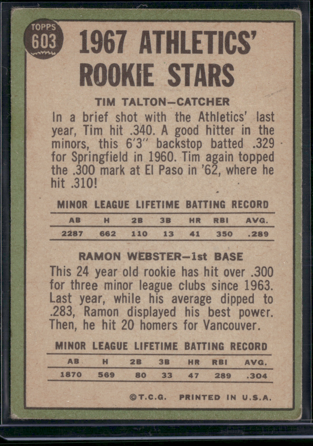 1967 Topps TIM TALTON/RAMON WEBSTER #603 1967 Athletics Rookie Stars (VG/EX)
