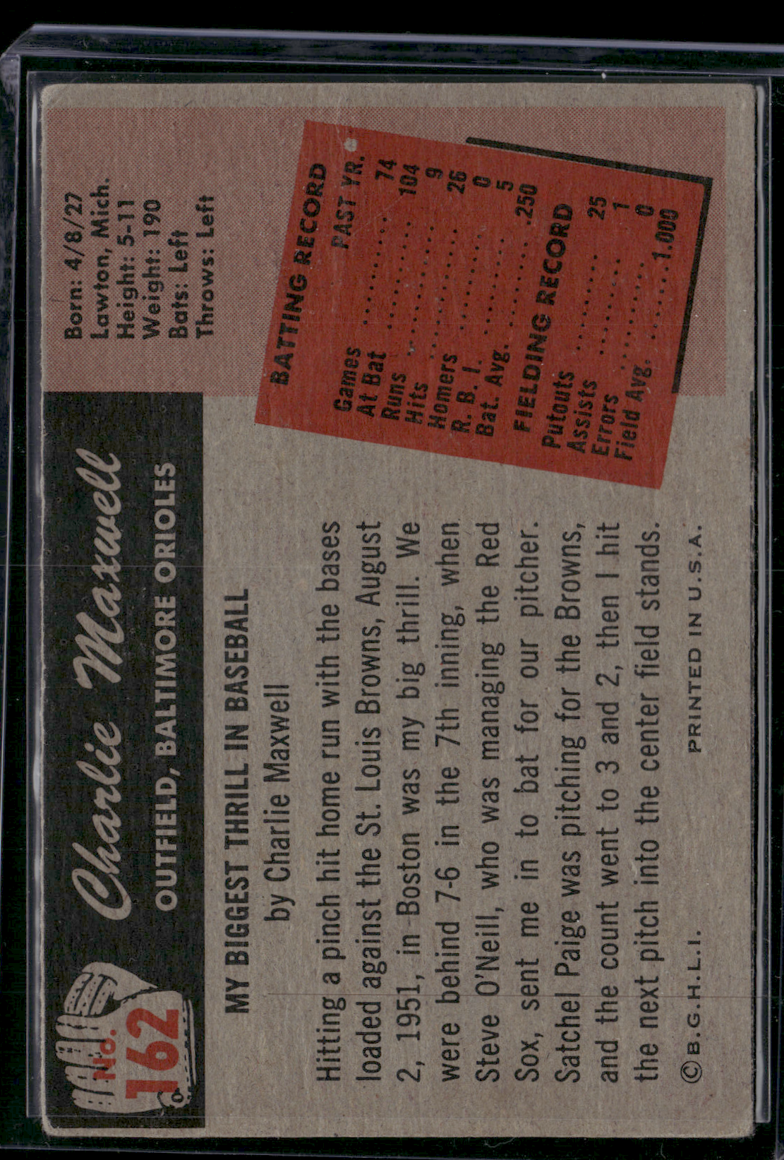 1955 Bowman CHARLIE MAXWELL #162