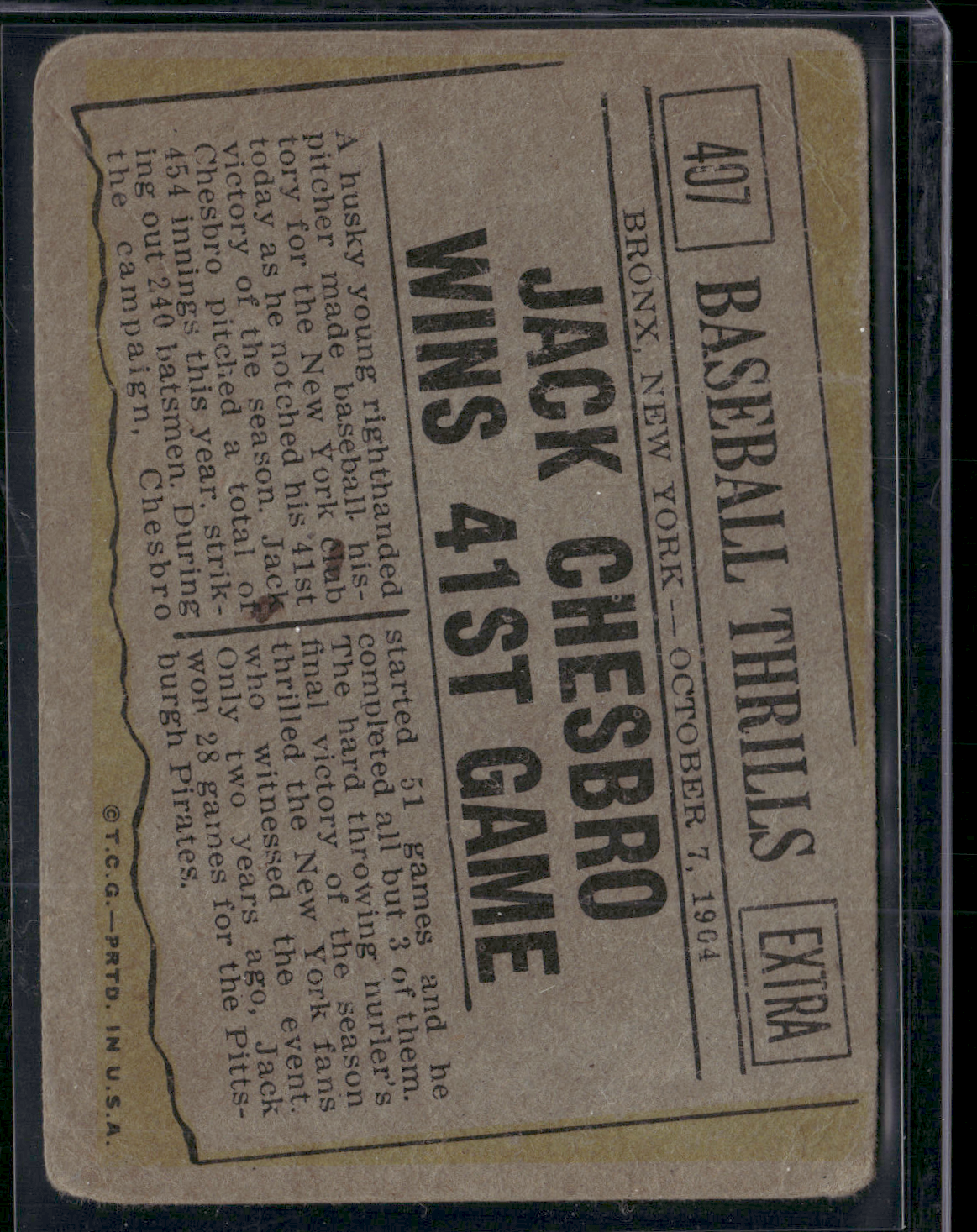 1961 Topps JACK CHESEBRO - BASEBALL THRILLS #407 Jack Chesbro Wins41stGame(Good)