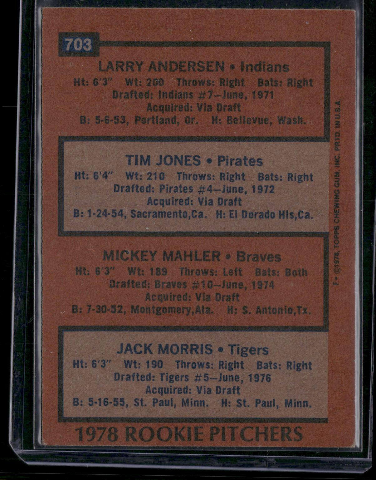 1978 Topps JACK MORRIS/LARRY ANDERSON/JONES/MAHLER #703 78 Rookie Pitchers (EX)