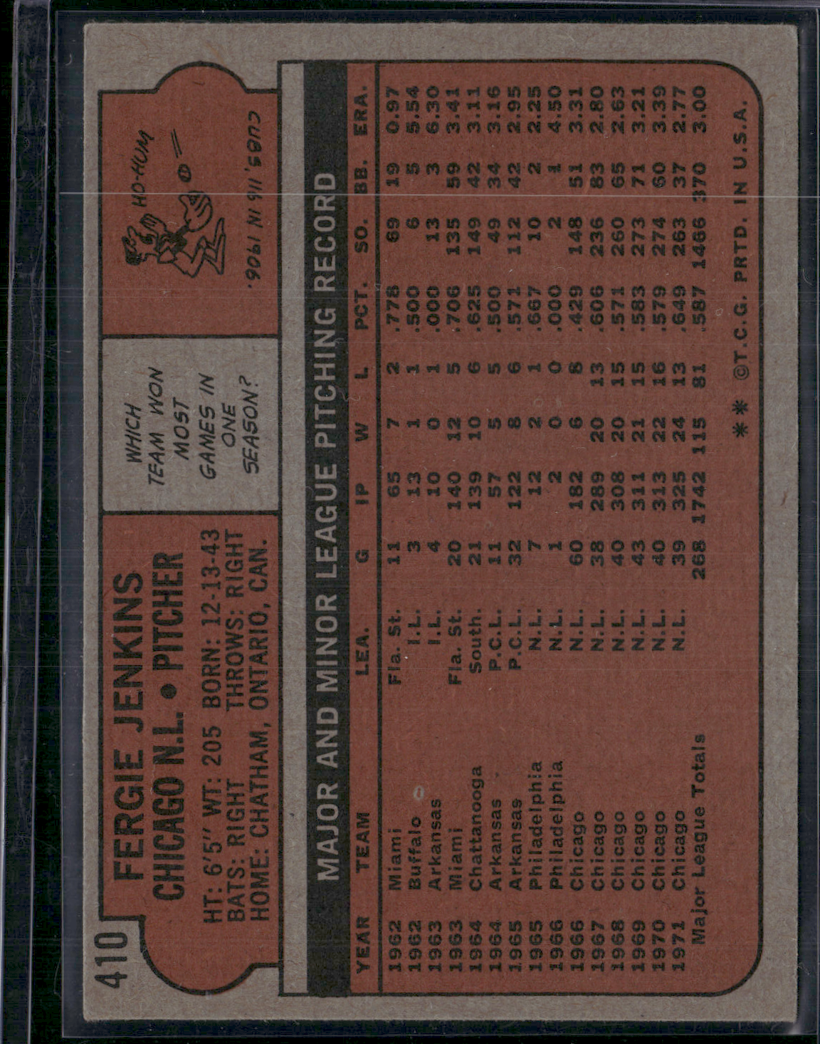 1972 Topps FERGIE JENKINS #410 (VG)