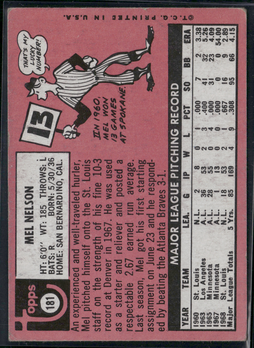 1969 Topps MEL NELSON #181 (Good - Scratch, Staining)
