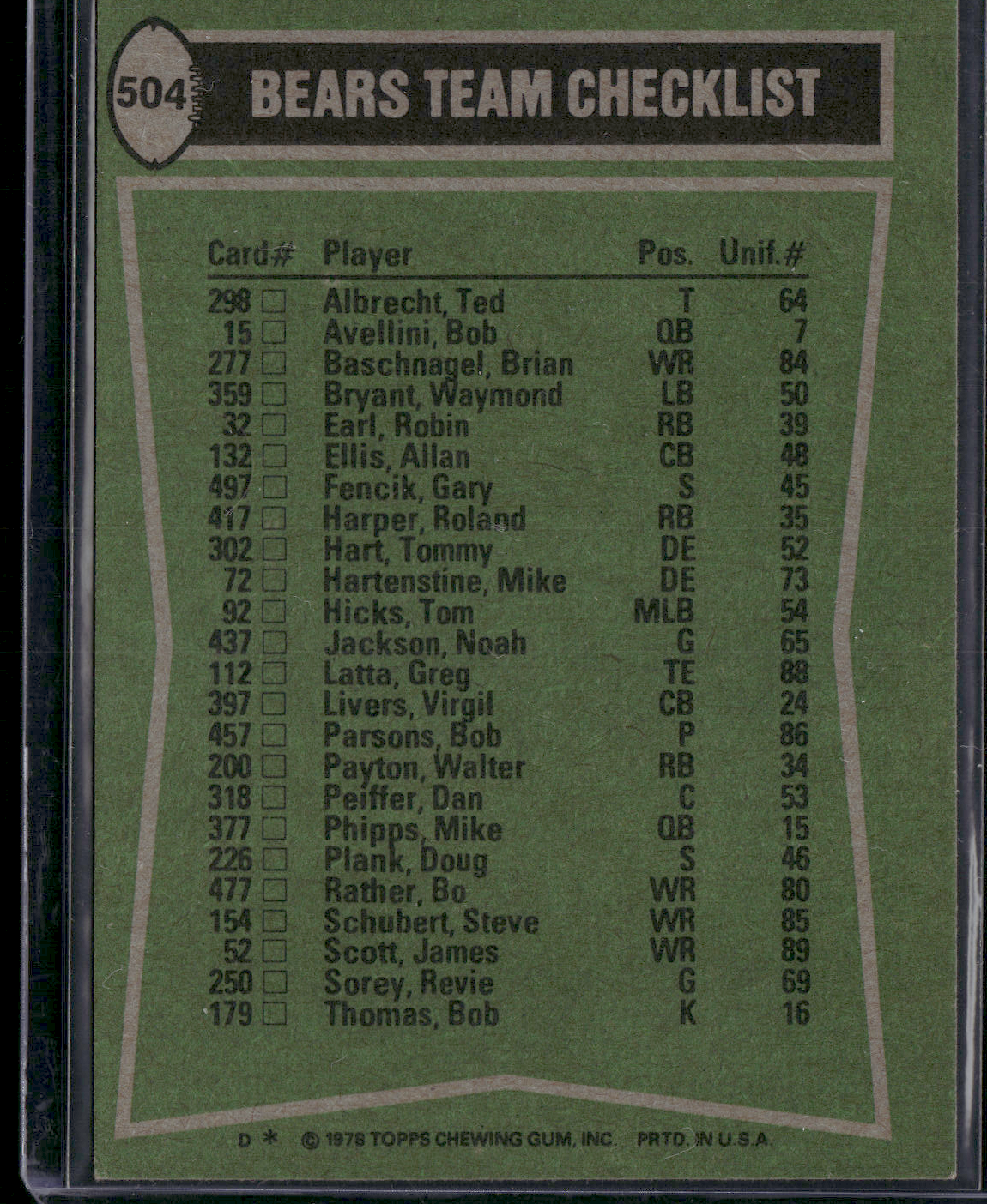 1978 Topps BEARS TEAM LEADERS - WALTER PAYTON #504 (EX/MT)