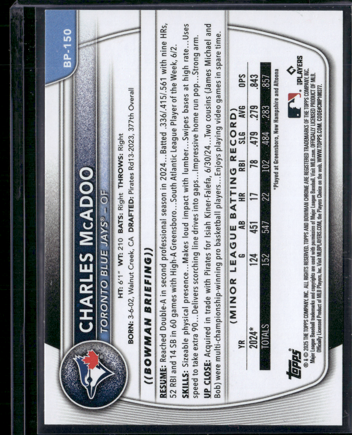 2025 Bowman CHARLES MCADOO #BP-150 1st Bowman