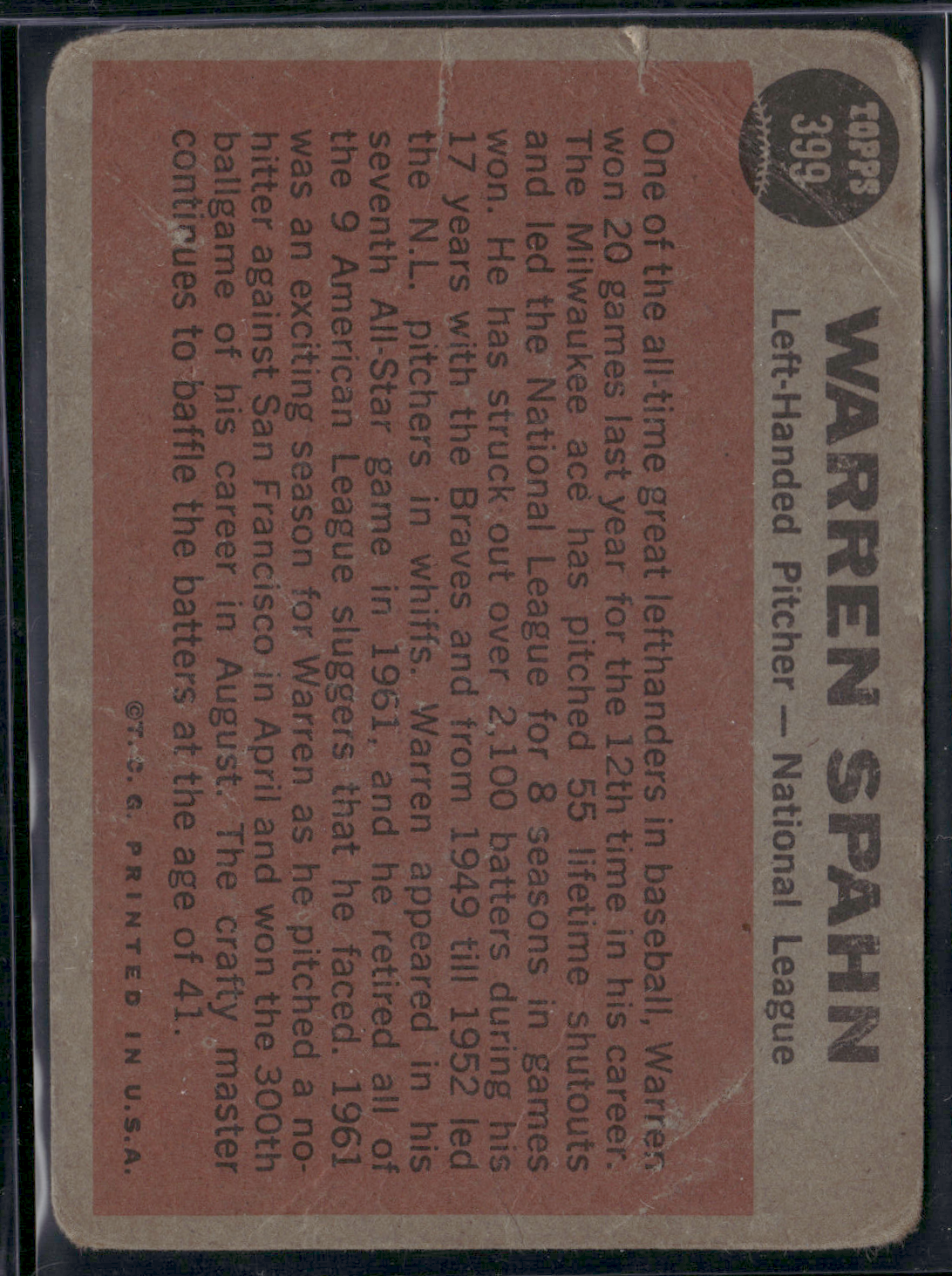 1962 Topps WARREN SPAHN #399 All Star Toning Light Wrinkles Corner Crease (Good)