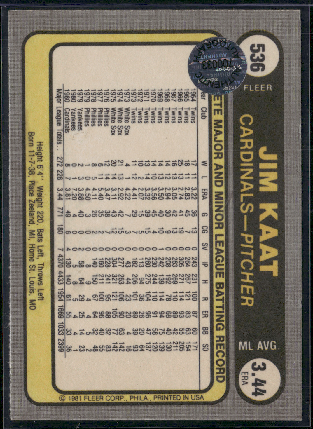1981 Fleer JIM KAAT #536 Autographed Authenticated - Authenticator Unknown (EX)