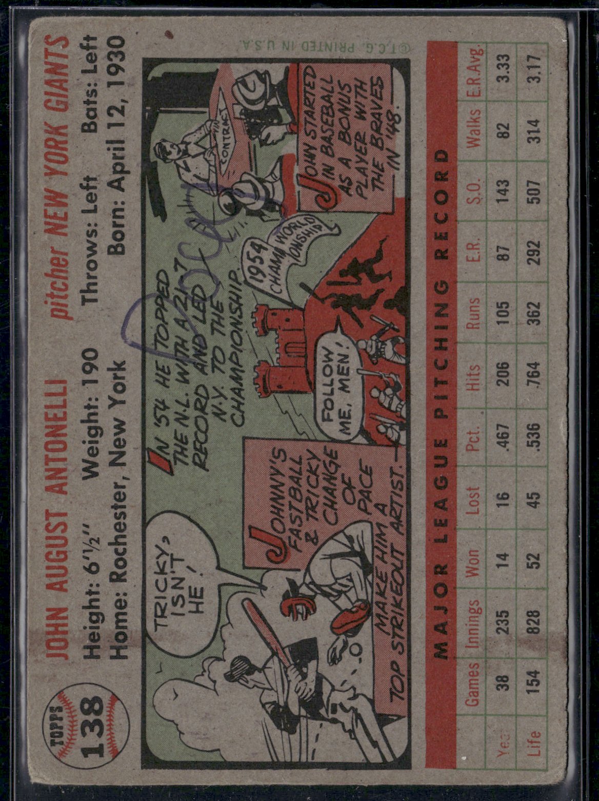 1956 Topps JOHNNY ANTONELLI #138 Writing on back