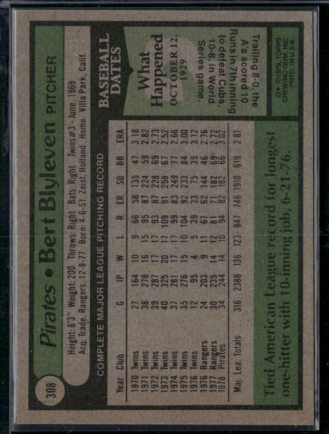 1979 Topps BERT BLYLEVEN #308 (VG/EX)
