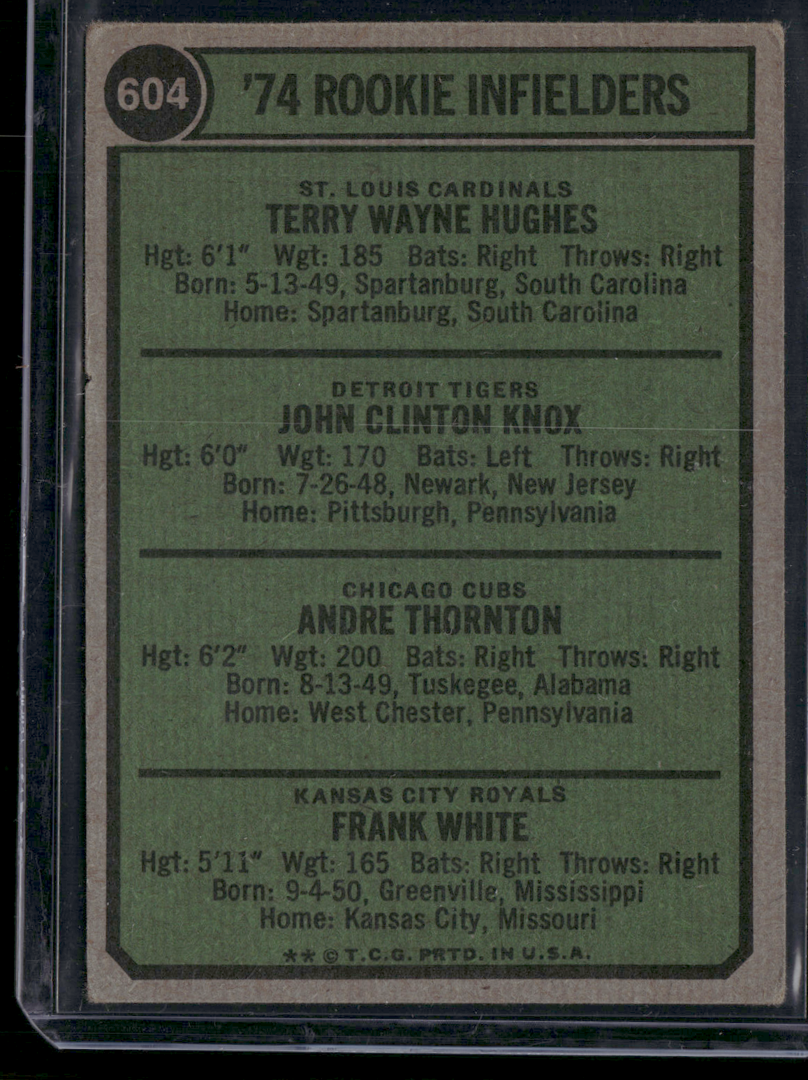 1974 Topps FRANK WHITE/THORNTON/KNOX/HUGHS #604 1974 Rookie Infielders (VG)