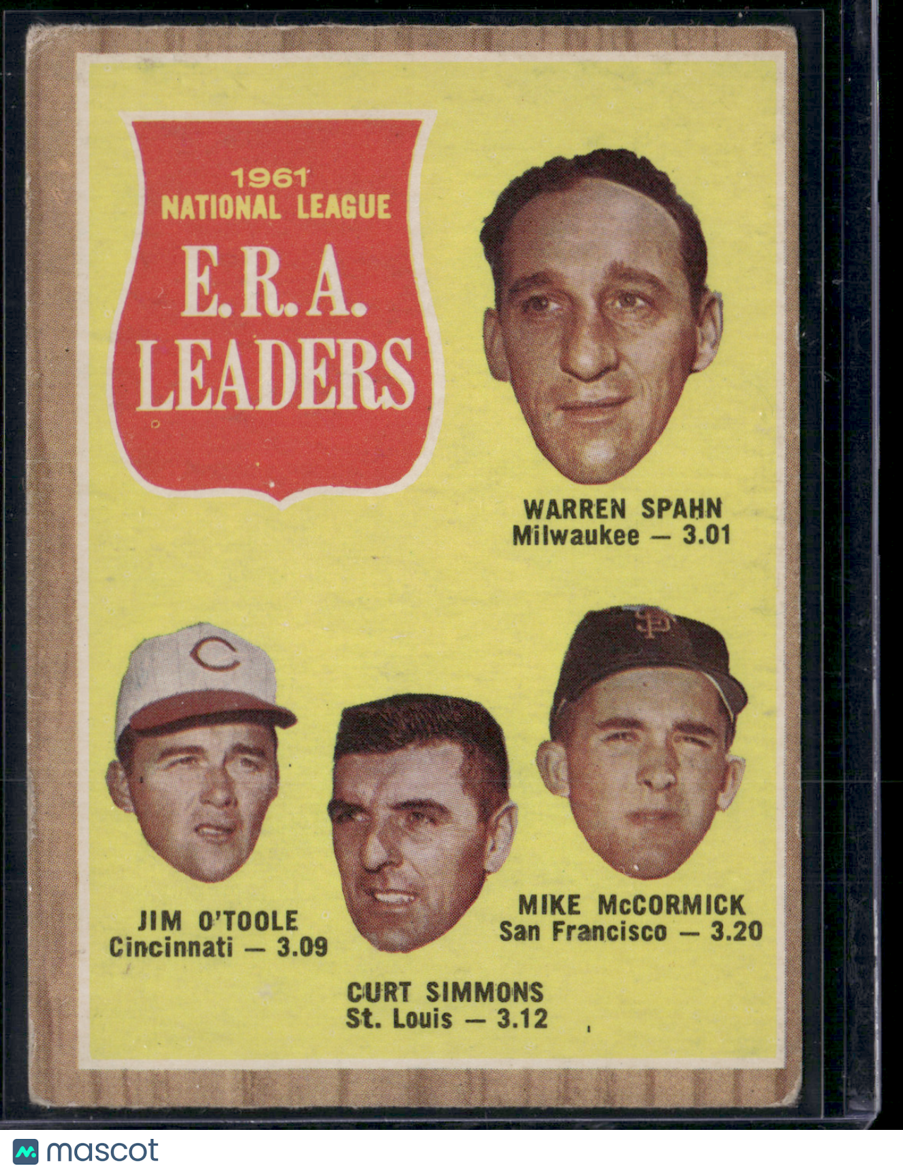 1962 Topps WARREN SPAHN/O'TOOLE/SIMMONS/MCCORMICK #56 1961 NL ERA Leaders (Good)