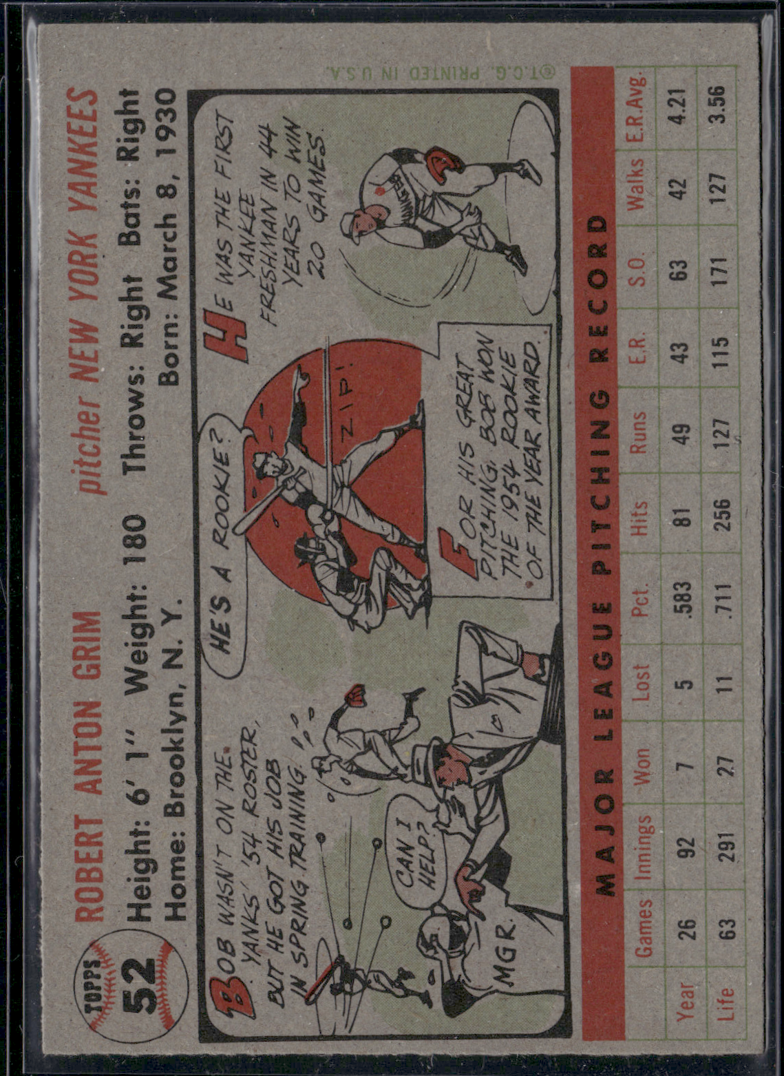 1956 Topps BOB GRIM #52 Surface Dimple