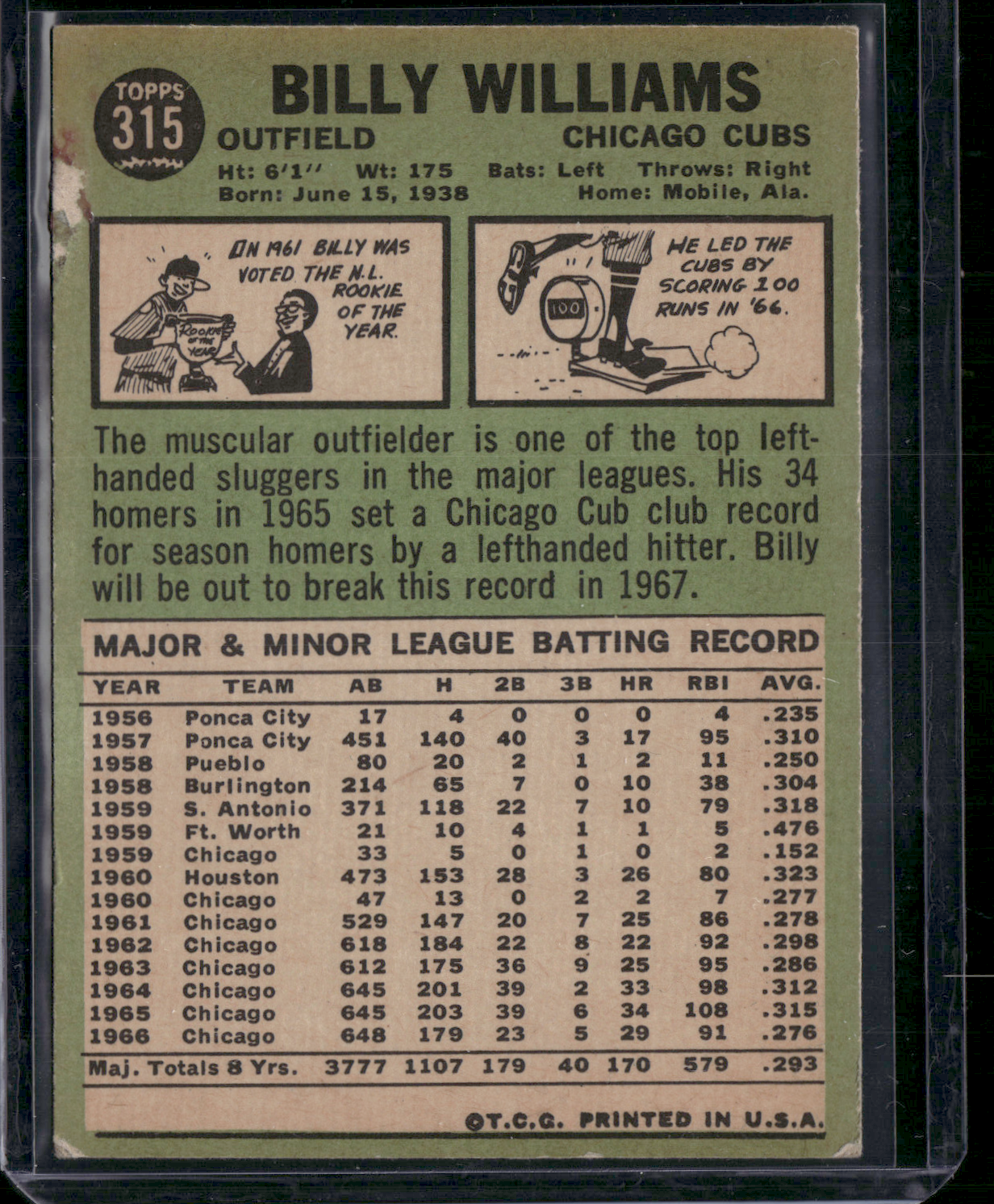 1967 Topps BILLY WILLIAMS #315 Paper Loss on Back (Fair)