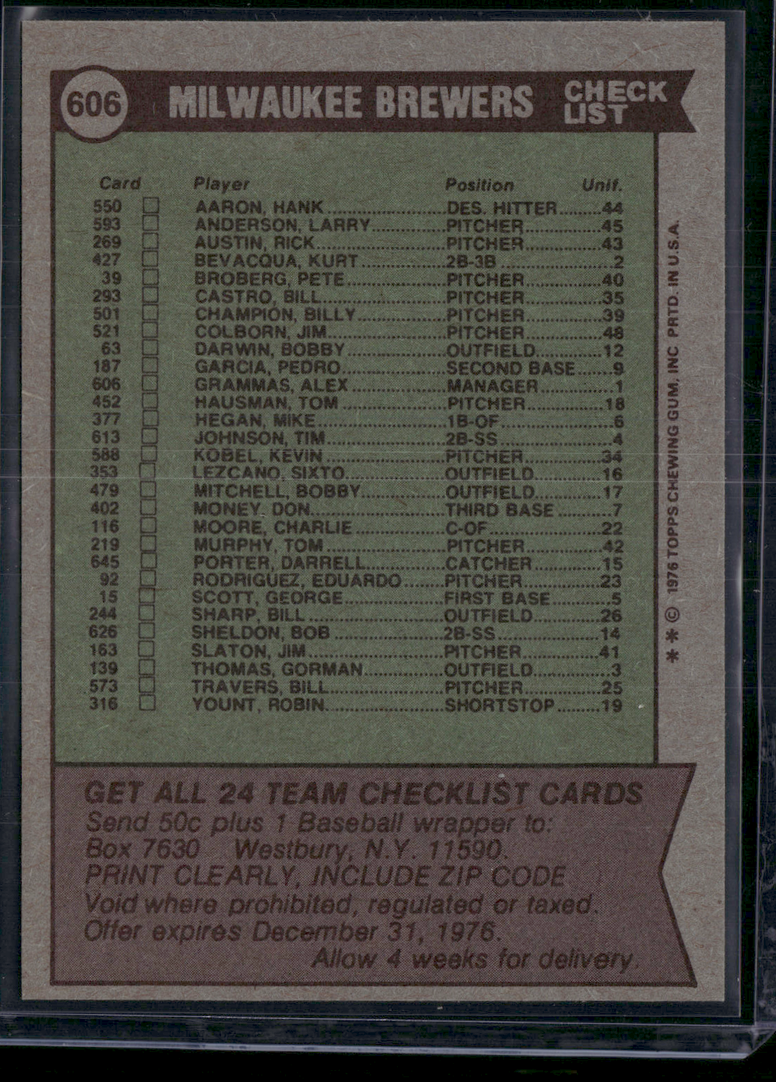1976 Topps MILWAUKEE BREWERS #606 Grain Raise (EX)