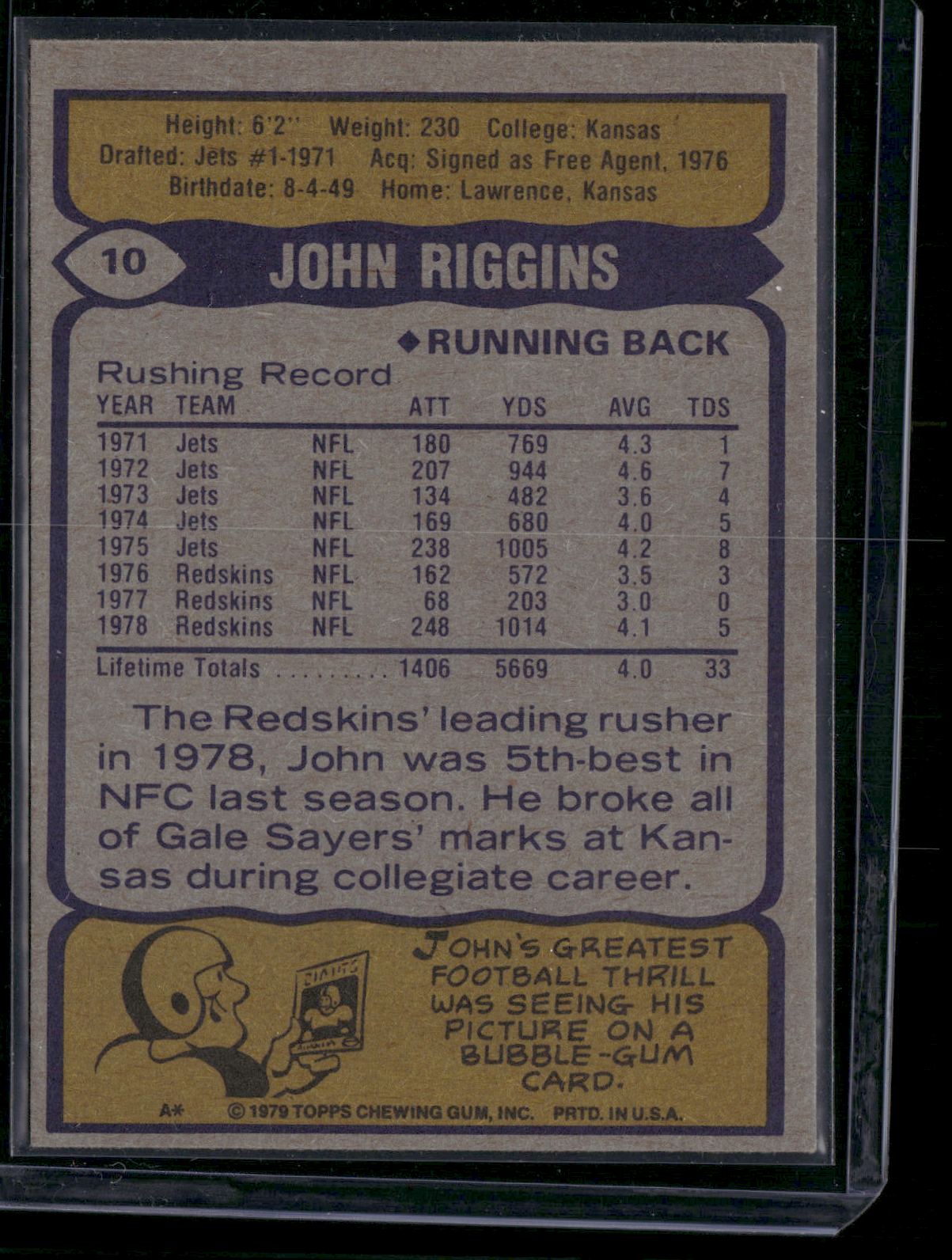 1979 Topps JOHN RIGGINS #10 Color Loss (VG)
