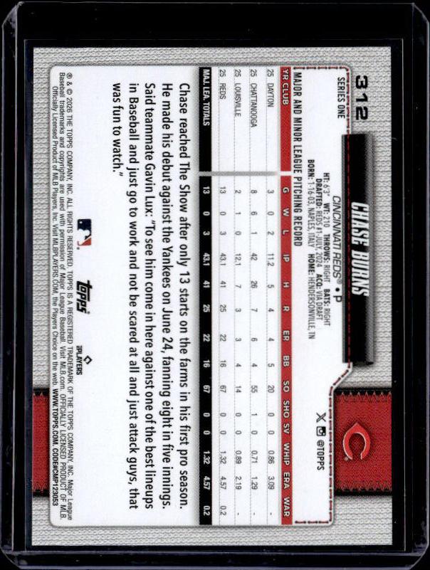 2026 Topps Series 1 CHASE BURNS #312 Rookie RC