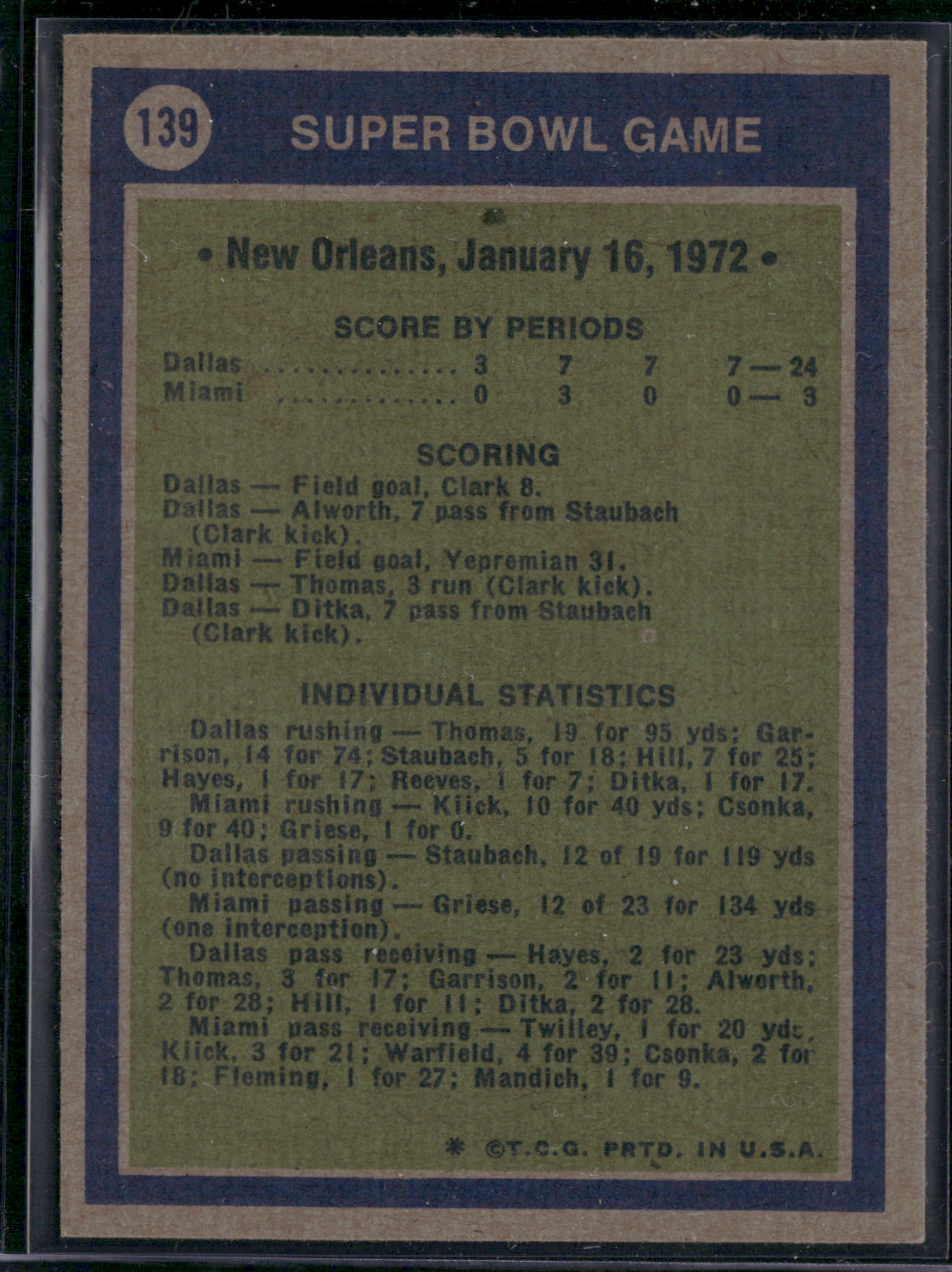 1972 Topps SUPER BOWL GAME #139 (EX)