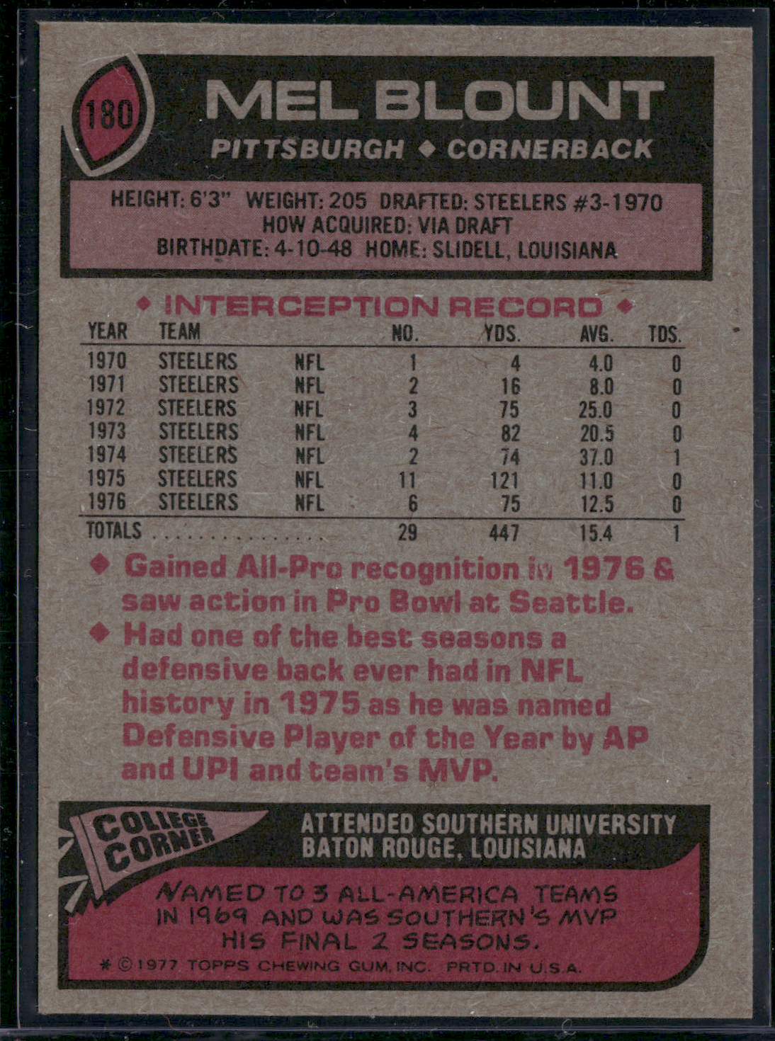 1977 Topps MEL BLOUNT #180 (EX/MT)