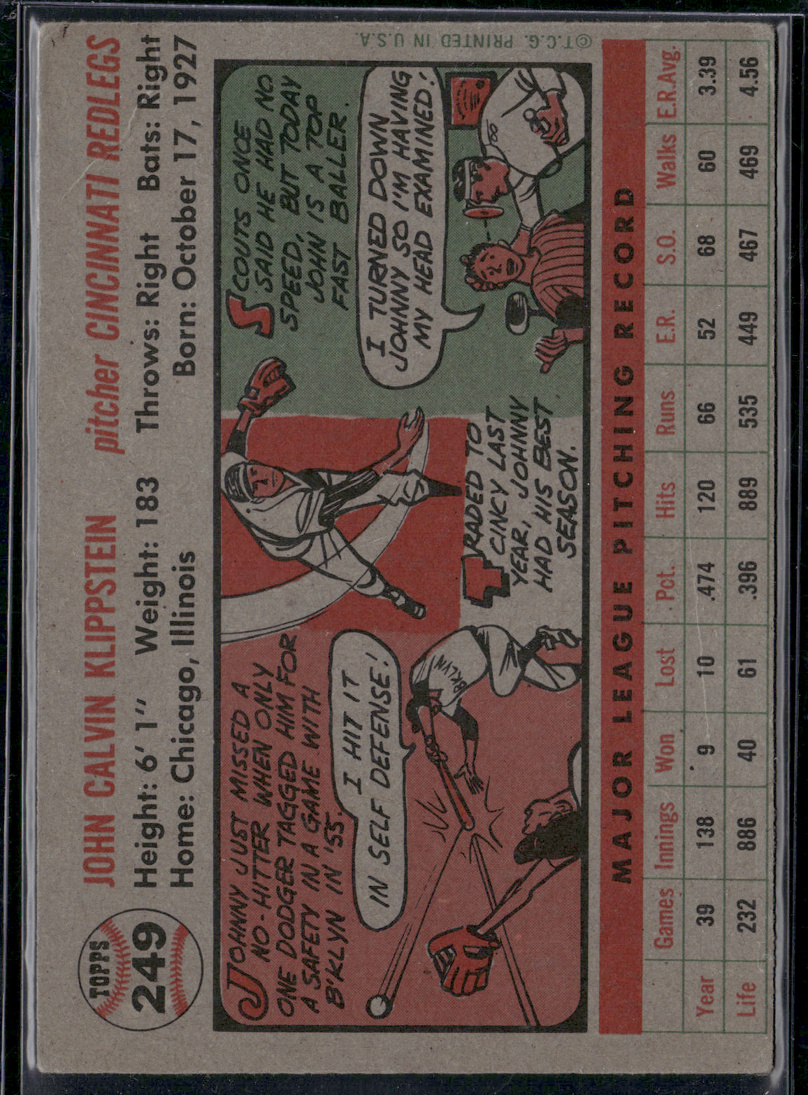 1956 Topps JOHNNY KLIPPSTEIN #249 Light Wrinkling