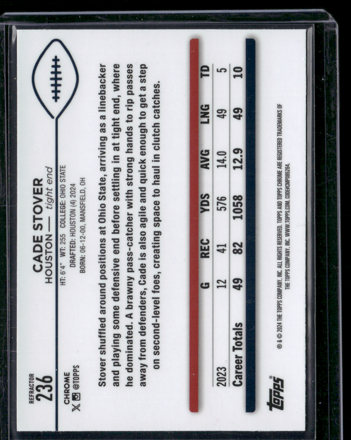 2024 Chrome CADE STOVER #236 Rainbow Refractor Rookie RC (NM)
