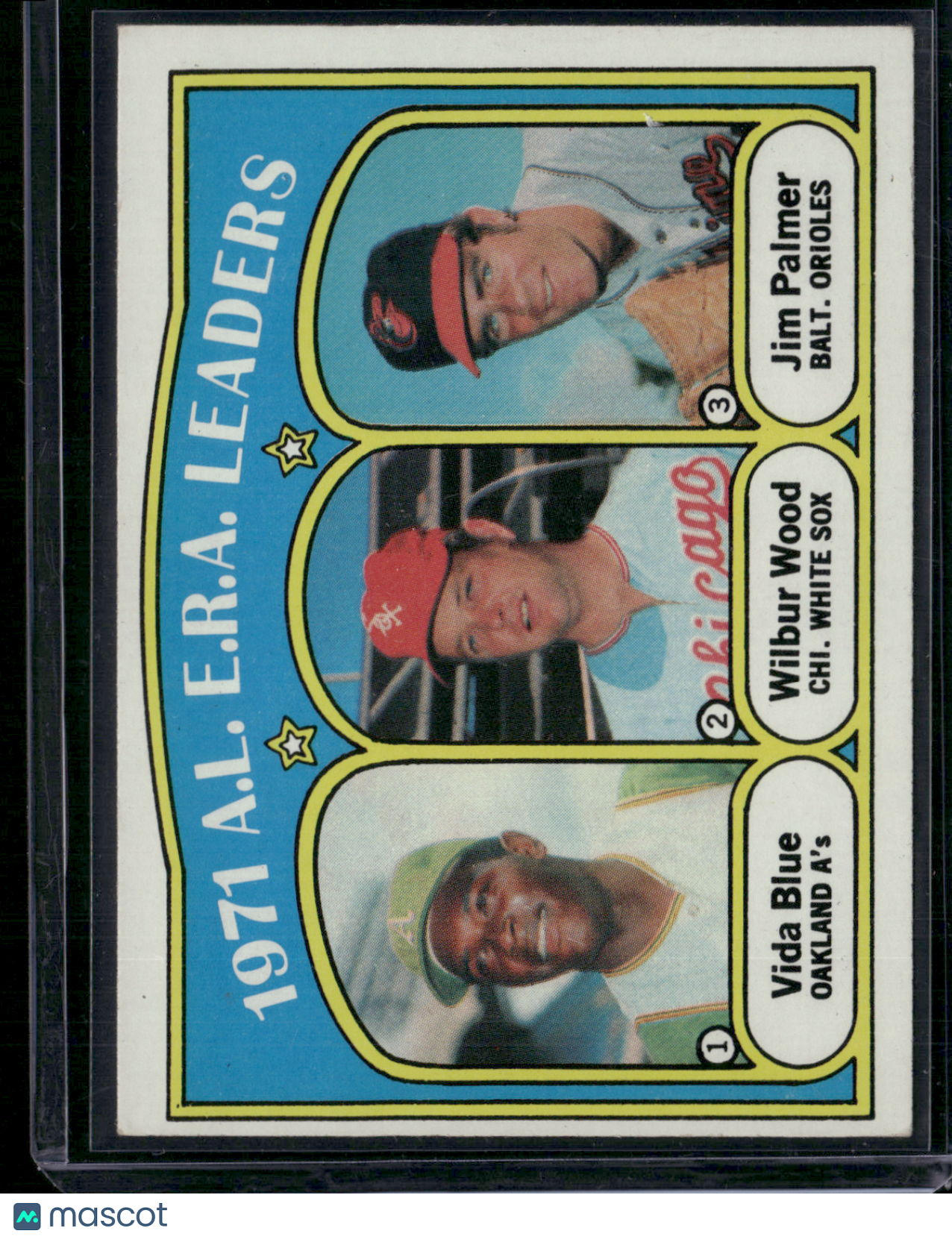 1972 Topps JIM PALMER/VIDA BLUE/WILBUR WOOD #92 1971 AL ERA Leaders (EX)