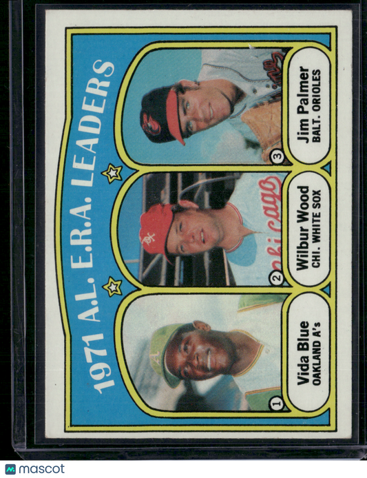 1972 Topps JIM PALMER/VIDA BLUE/WILBUR WOOD #92 1971 AL ERA Leaders (EX)