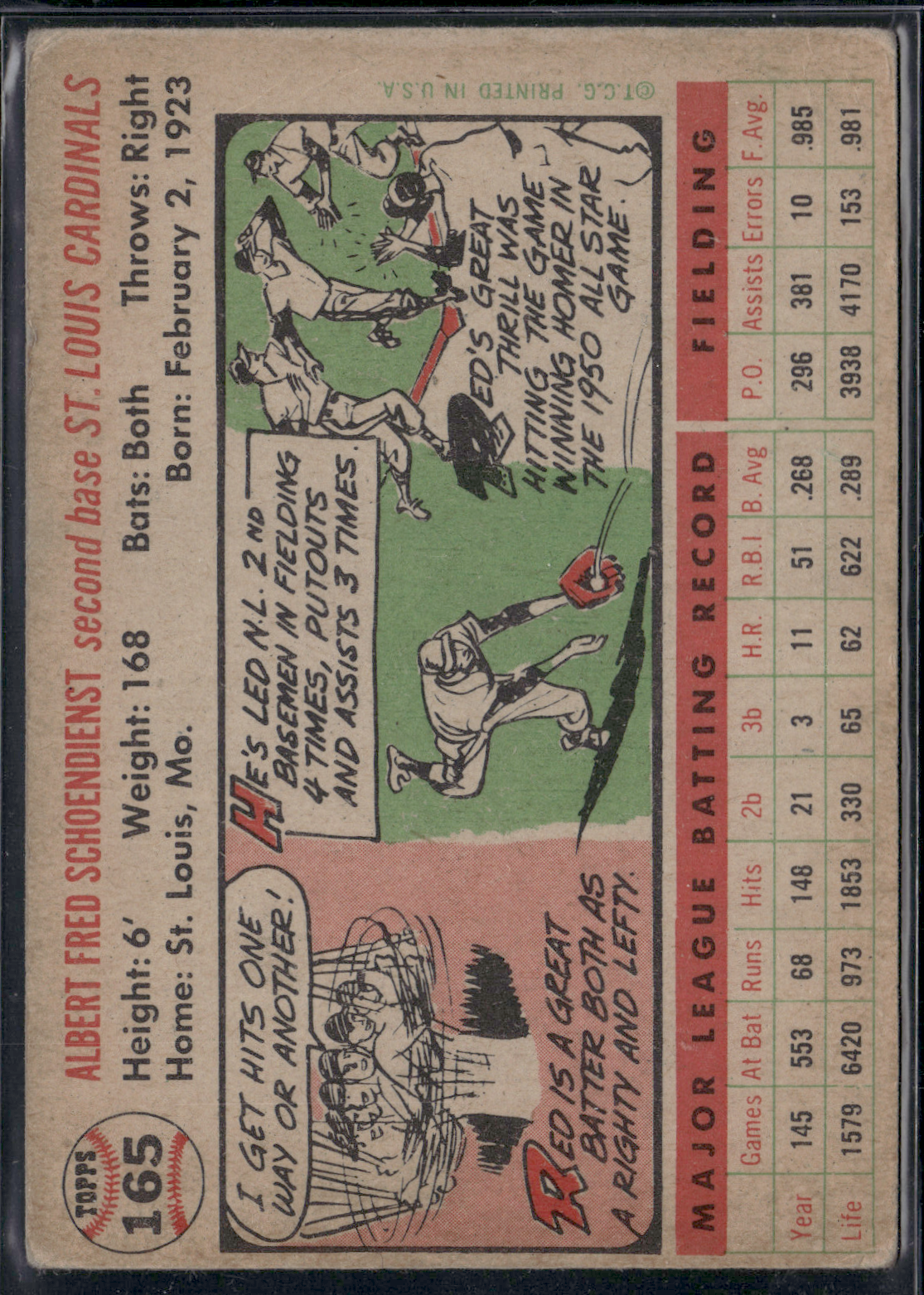 1956 Topps RED SCHOENDIENST #165 Light wrinkles