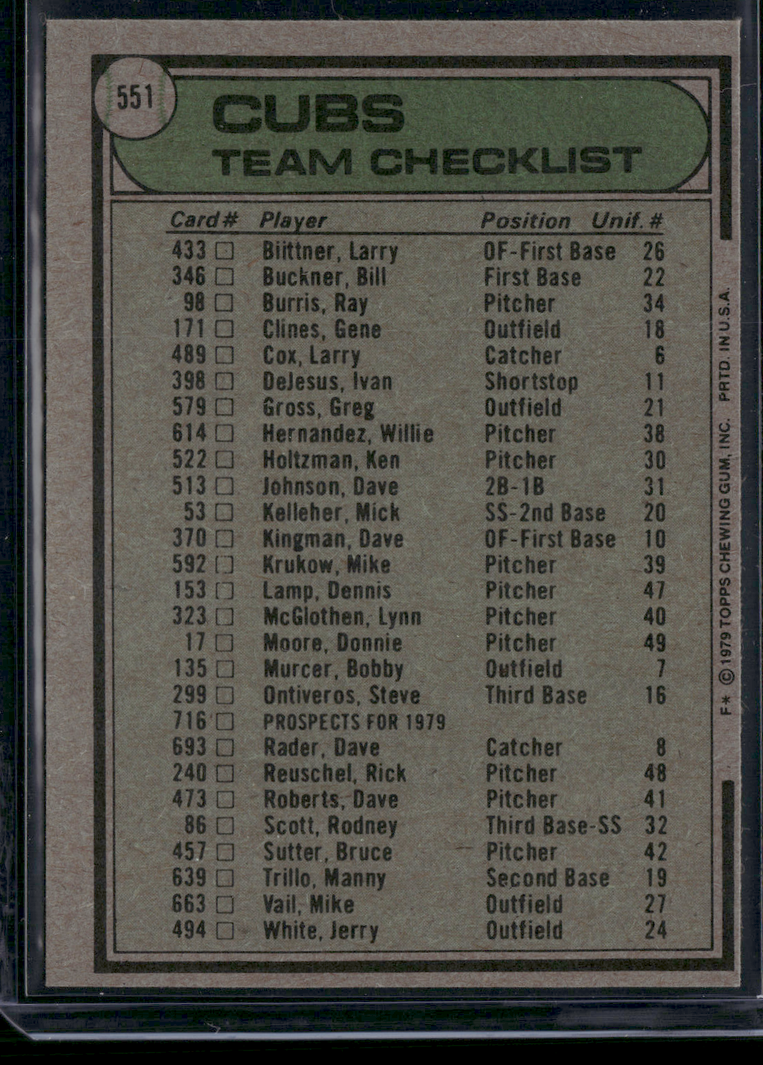 1979 Topps CHICAGO CUBS #551 (EX-EX/MT)