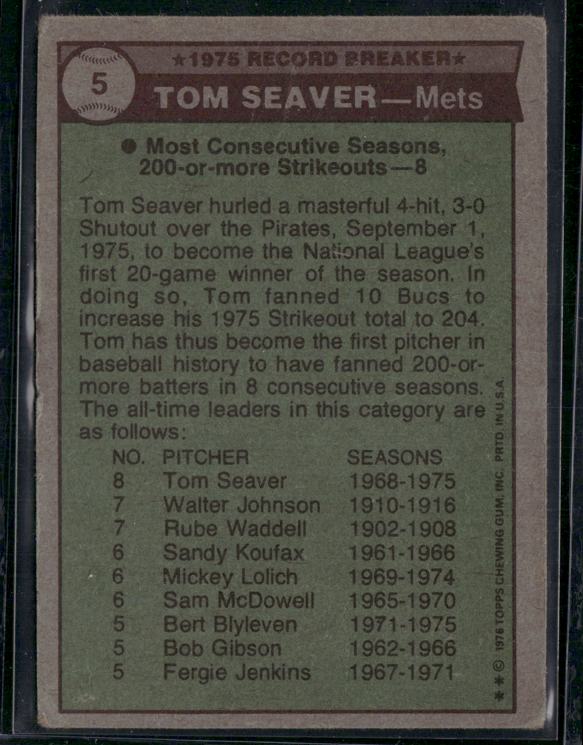 1976 Topps TOM SEAVER #5 75 Record Breaker Light Scratches Wrinkles (VG)